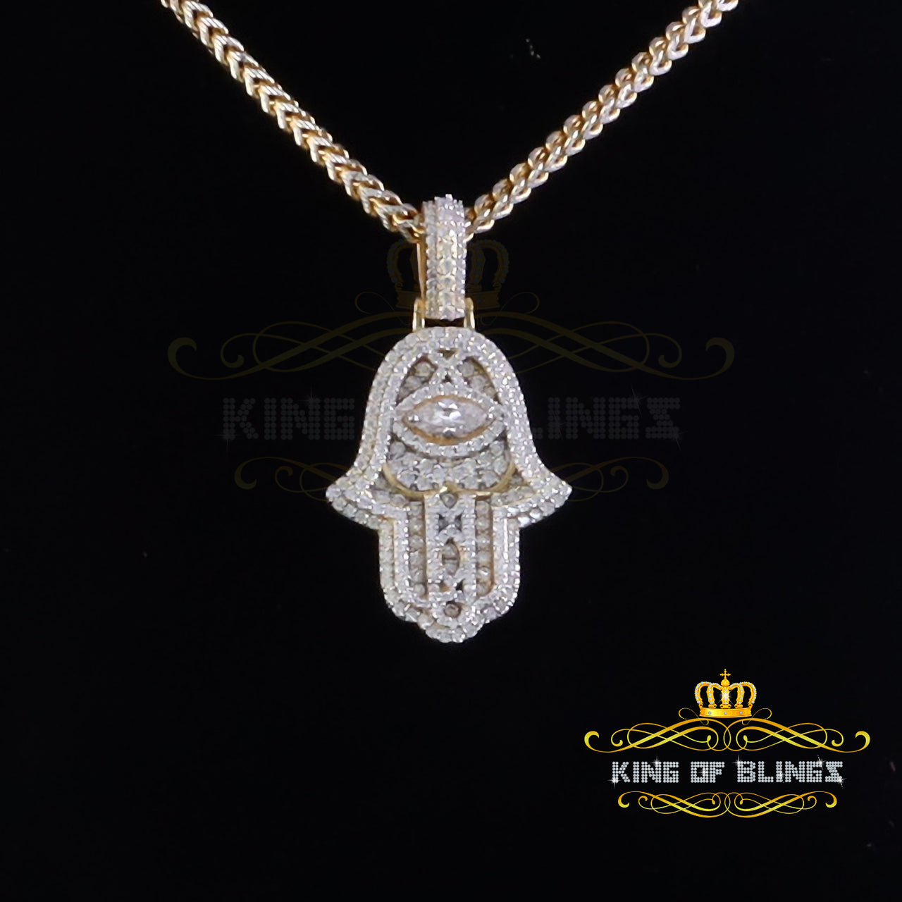 King Of Bling's 925 Silver Moissanite VVS D Baguette 3.00ct Yellow Hamsa Pendant For Women's