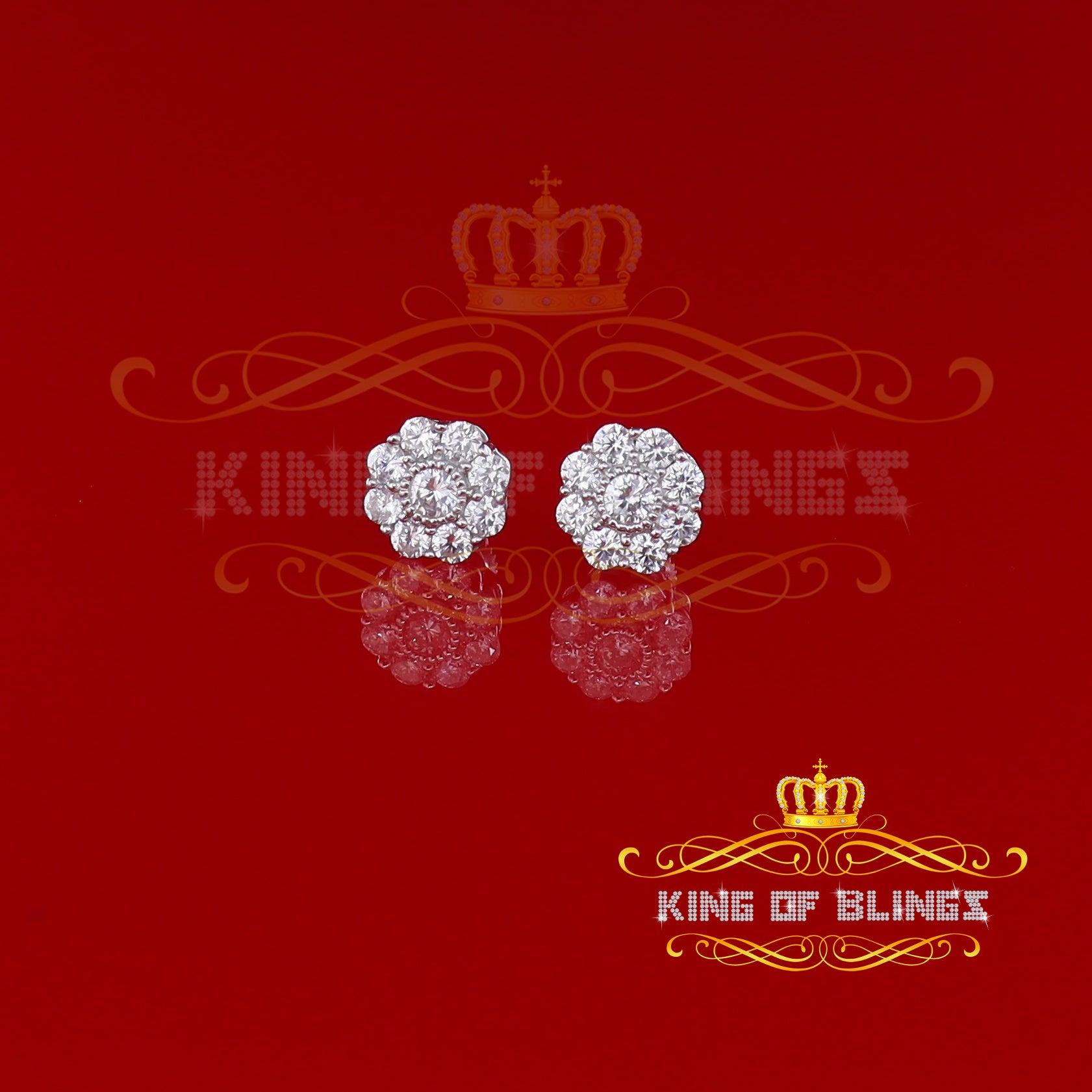 King of Blings- White 925 Silver 2.1ct Cubic Zirconia Women's & Men's Hip Hop Floral Earrings KING OF BLINGS