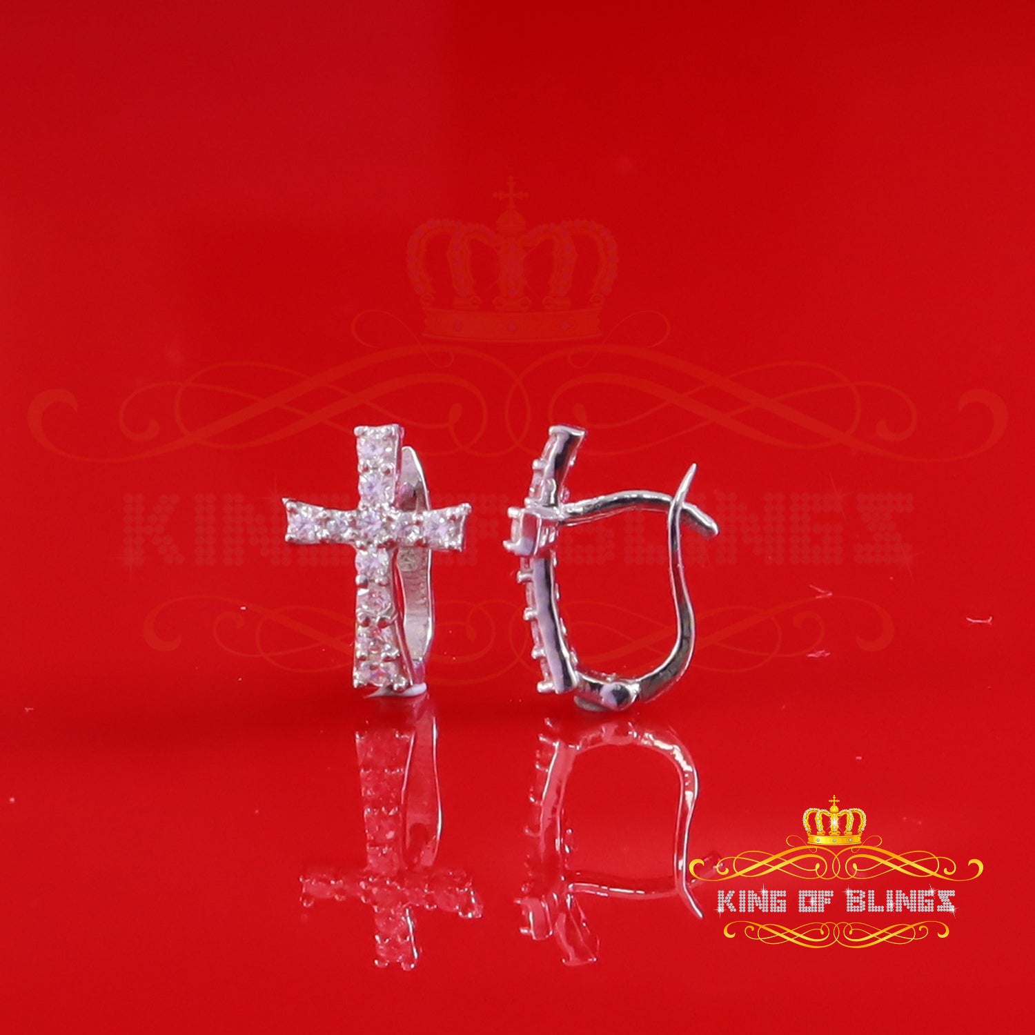 King of Bling's 925 Silver Round Shape White Hip Hop Cross Stud Earrings 22 CZ Stones Women KING OF BLINGS