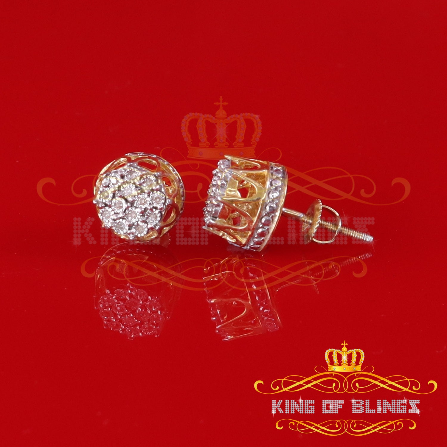 King of Blings-0.07ct Diamond 925 Sterling Yellow Silver For Men's & Womens Stud Round Earring KING OF BLINGS