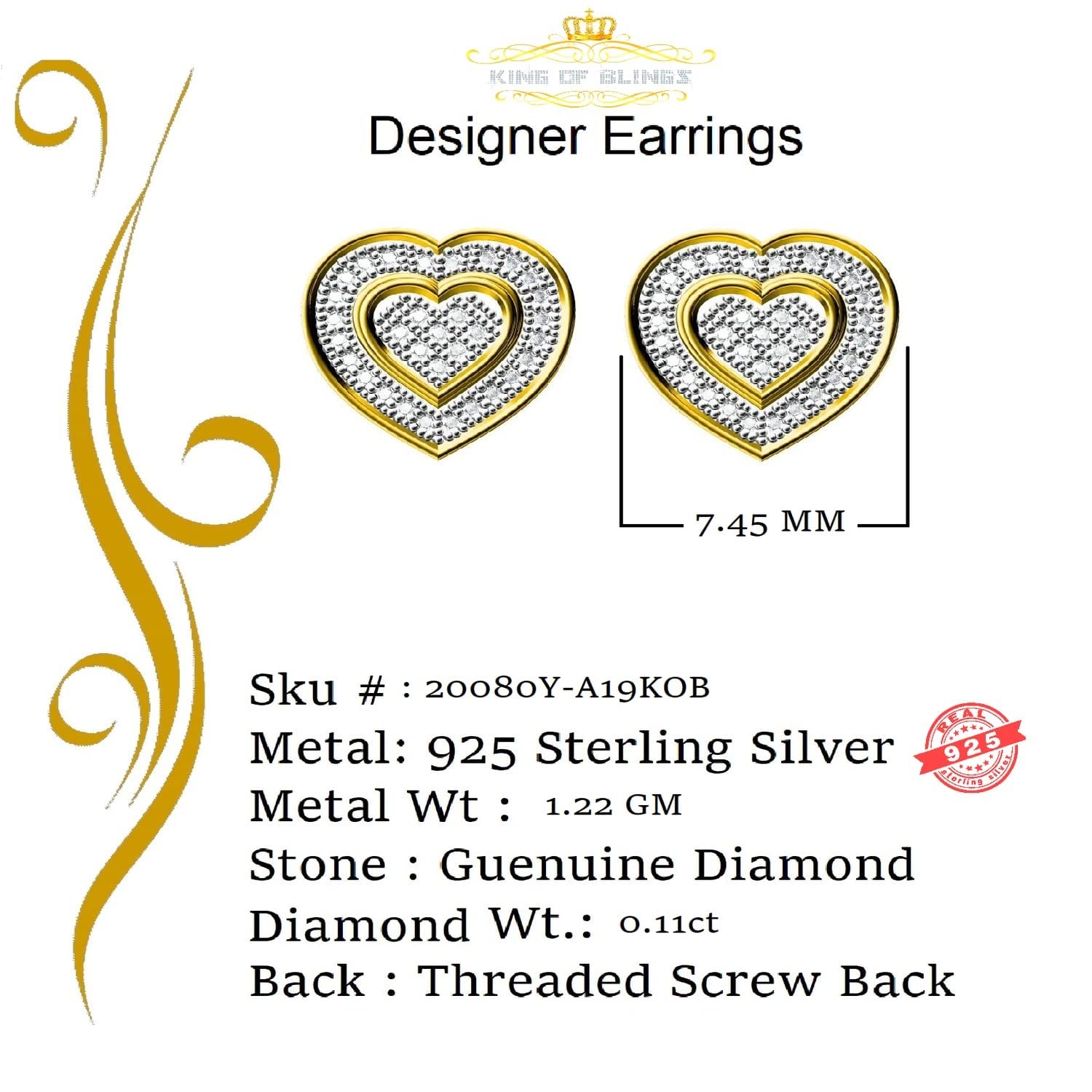 King of Blings-Micro Pave 0.11ct Real Diamonds 925 Yellow Silver Women's & Men's Heart Earrings KING OF BLINGS