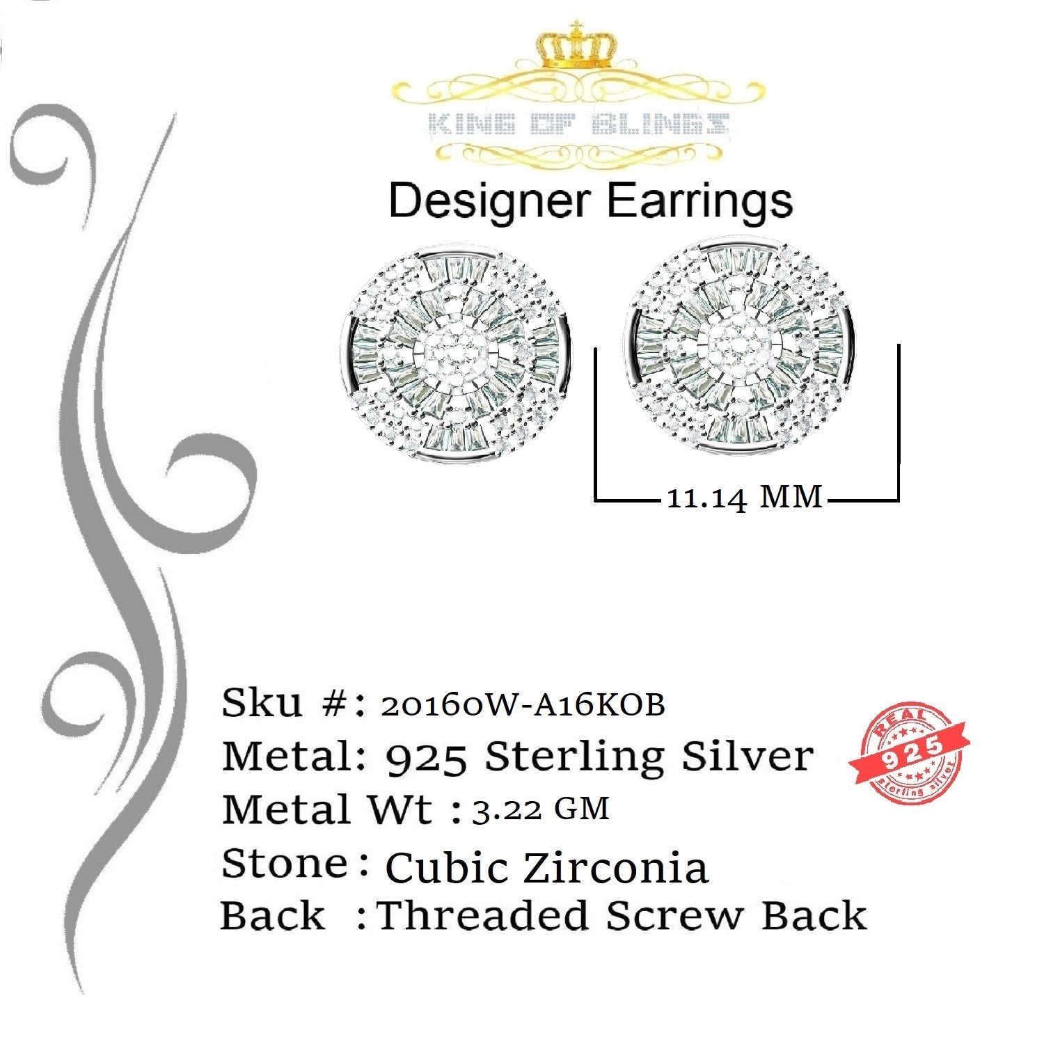 King of Blings 925 White Silver 1.68ct Cubic Zirconia Charm Round Women's Earrings KING OF BLINGS