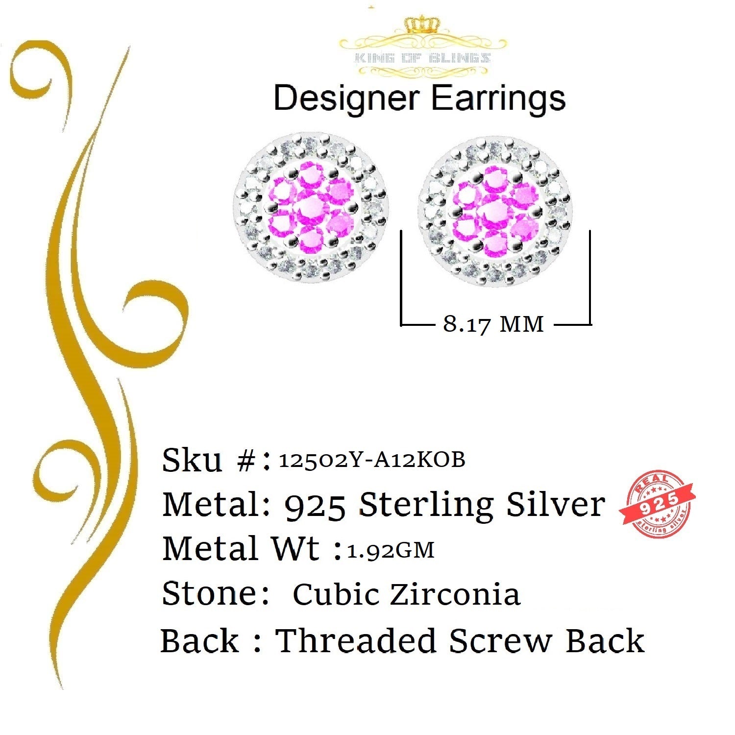 King of Bling's 925 Yellow Sterling Silver 0.90ct Cubic Zirconia Women's Hip Hop Round Earrings KING OF BLINGS