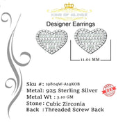 King of Blings- 925 White Sterling Silver 1.48ct Cubic Zirconia Men's & Women's Heart Earrings KING OF BLINGS