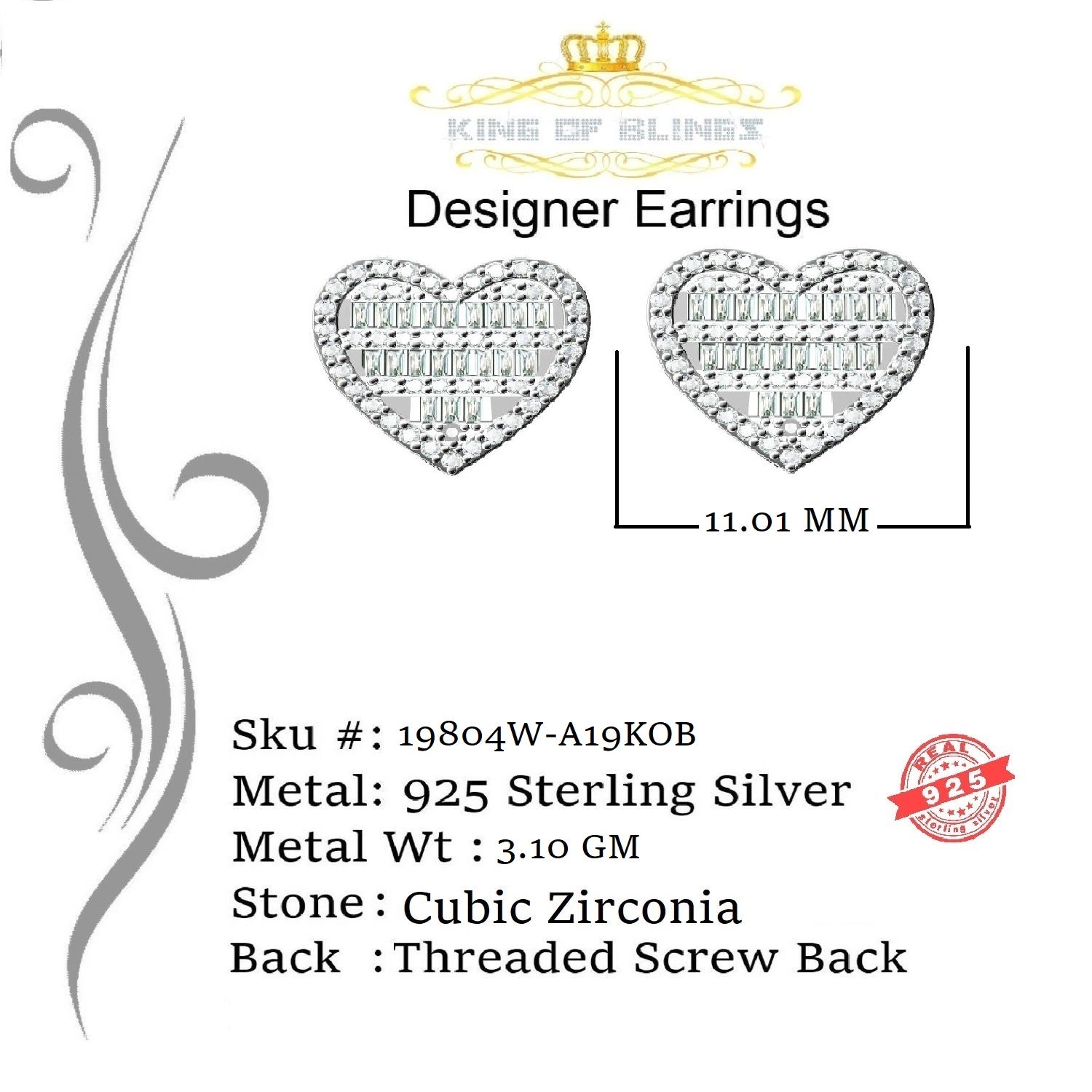 King of Blings- 925 White Sterling Silver 1.48ct Cubic Zirconia Men's & Women's Heart Earrings KING OF BLINGS