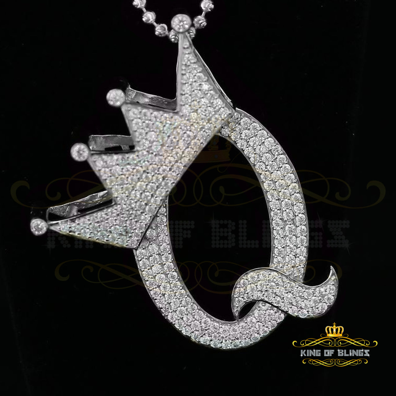 White Sterling Silver Pendant Q with Crown Shape 4.68ct Cubic Zirconia Stone KING OF BLINGS