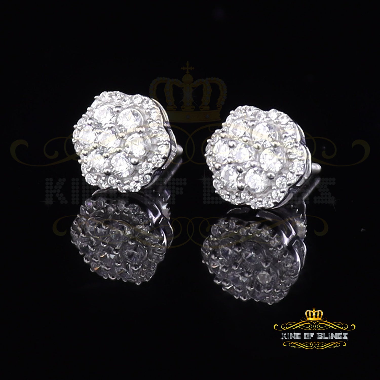 King of Blings- Aretes Para Hombre 925 White Silver Women's 1.22ct Cubic Zirconia Flower Earring KING OF BLINGS