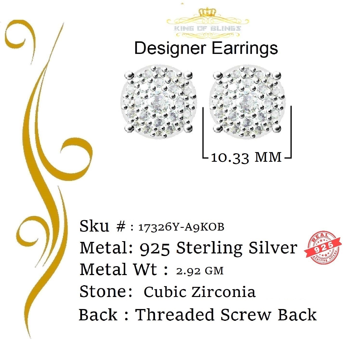King of Bling's Aretes Para Hombre 925 Yellow Silver 1.20ct Cubic Zirconia Round Women's Earrings KING OF BLINGS