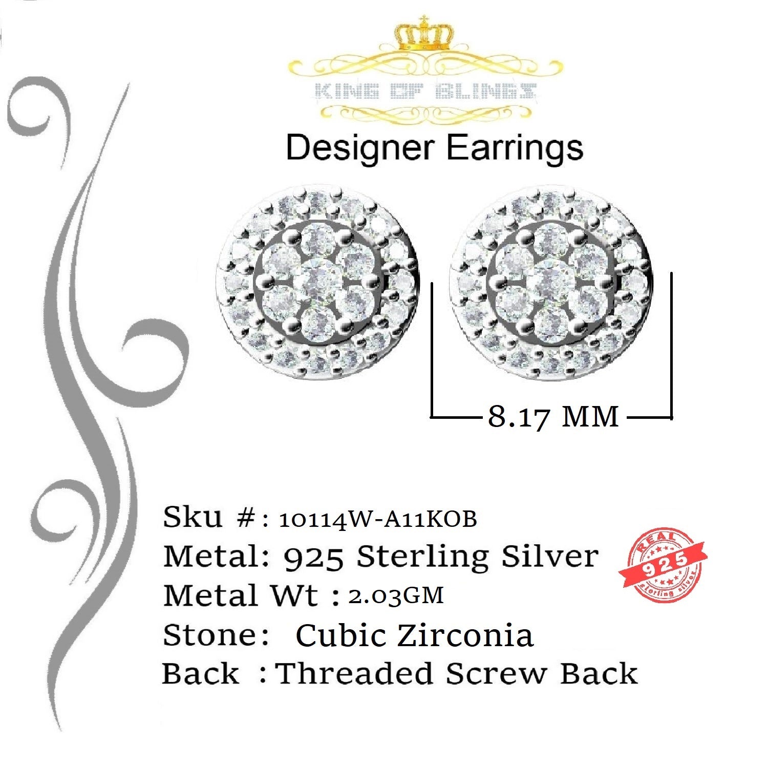 King of Blings- 925 White Silver 0.90ct Cubic Zirconia Women's & Men's Hip Hop Floral Earrings KING OF BLINGS