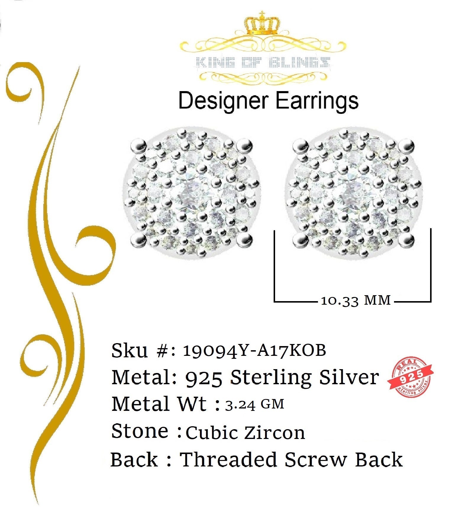 King of Bling's Aretes Para Hombre 925 Yellow Silver 2.3ct Cubic Zirconia Round Women's Earring KING OF BLINGS