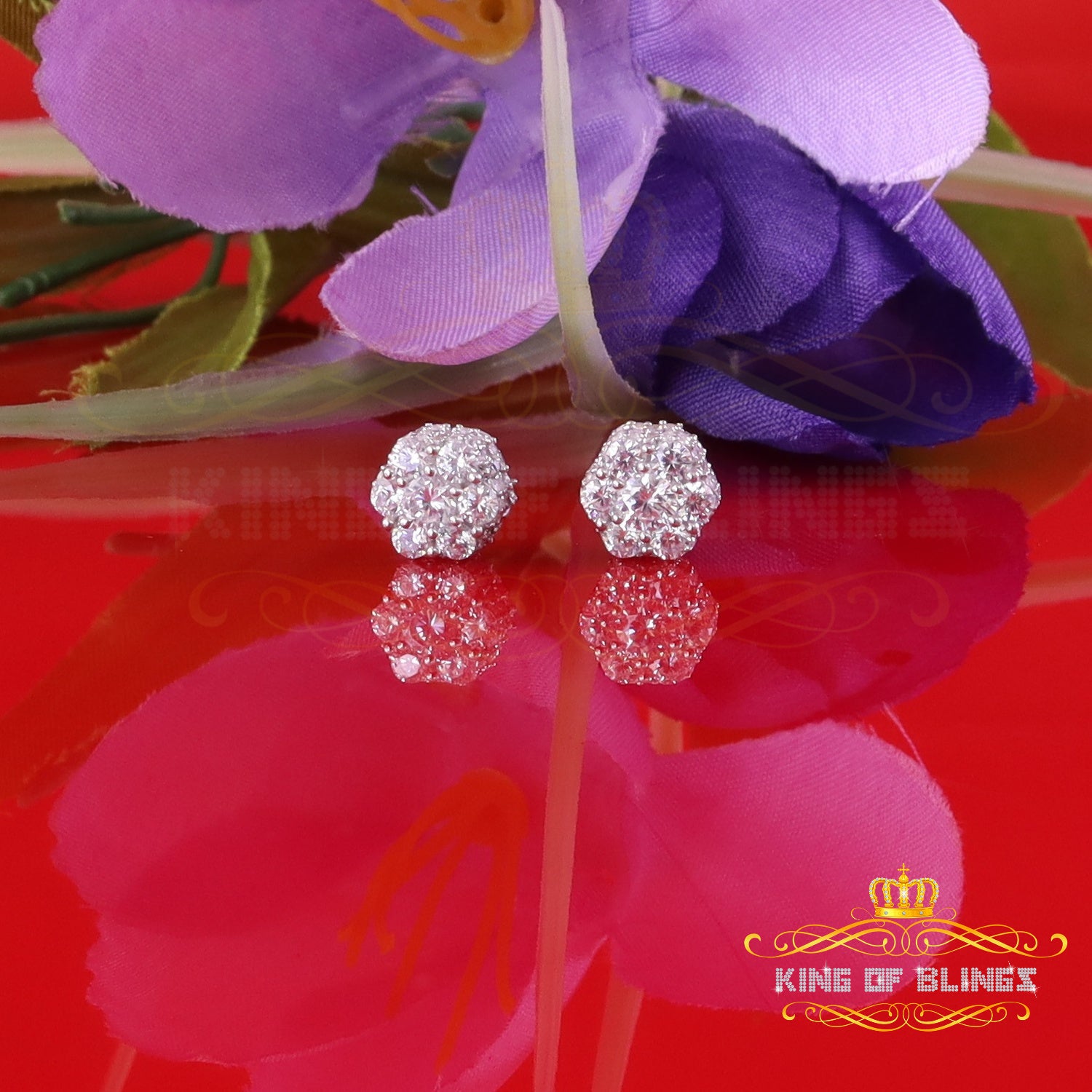 King of Blings- 1.50ct Cubic Zirconia 925 White Silver Sterling Hip Hop Floral Women's Earrings KING OF BLINGS