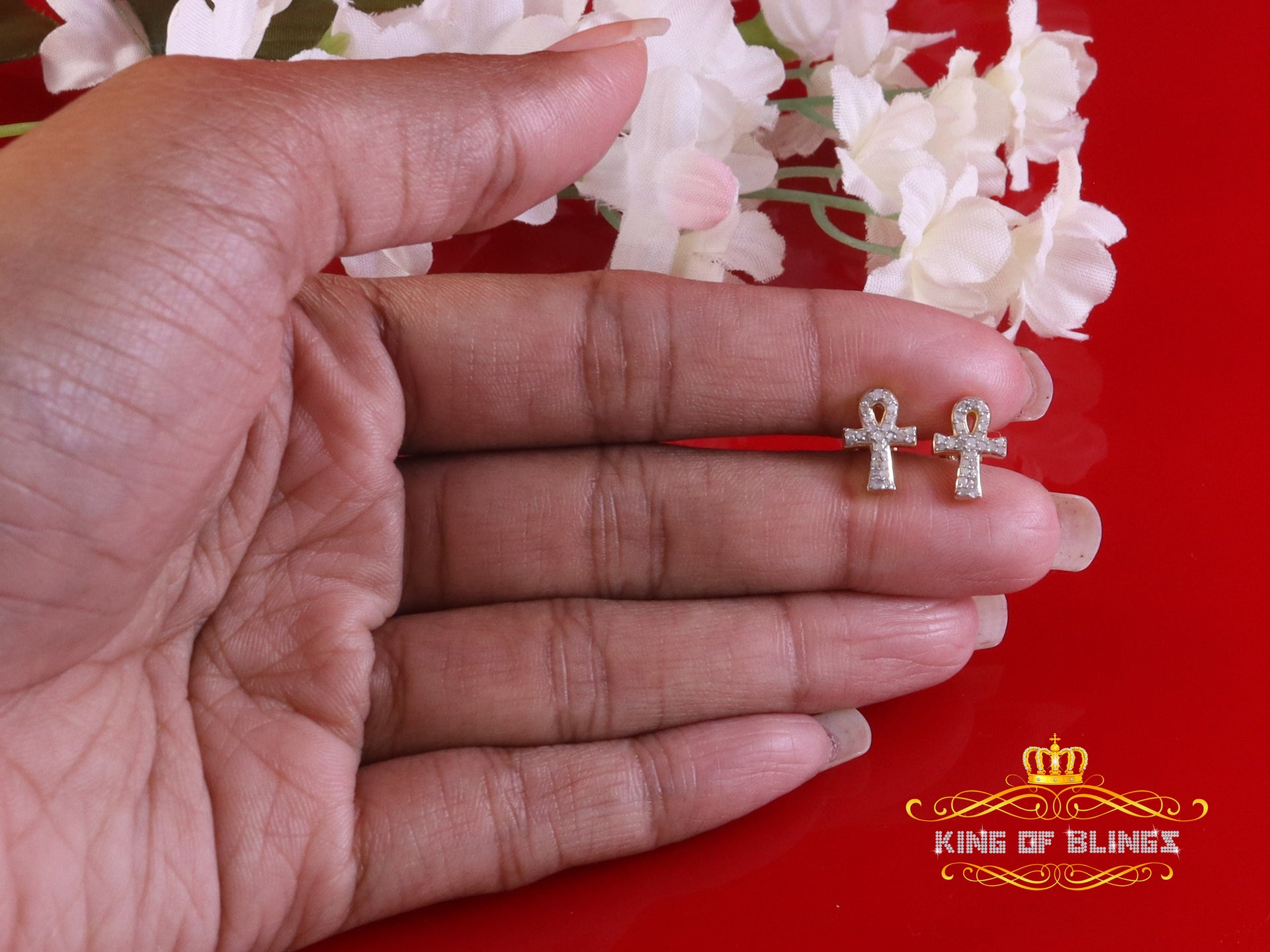 King of Blings-0.25ct Diamond 925 Sterling Silver Yellow for Men's & Women Stud ANKH Earrings King of Blings
