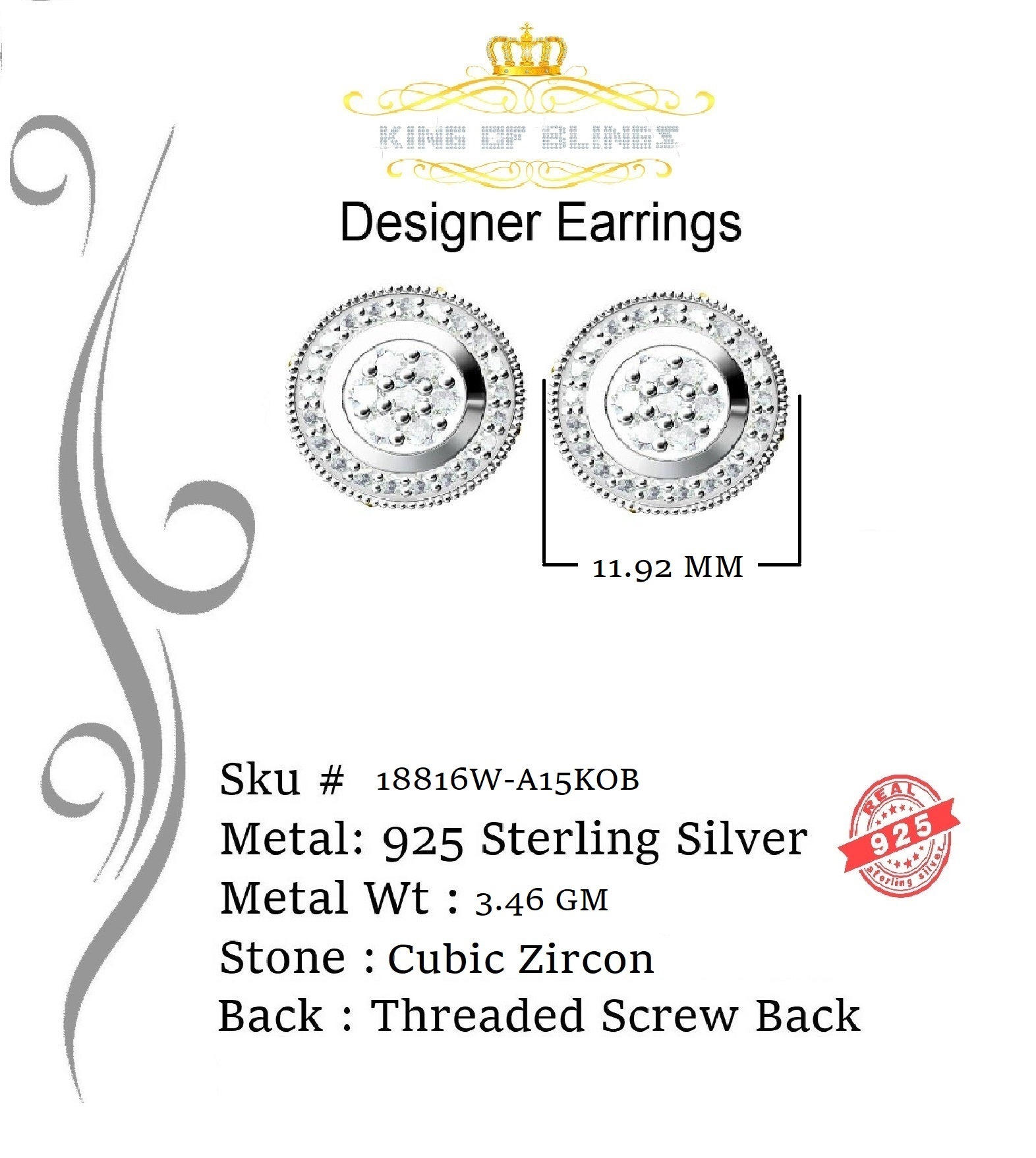King of Blings- Aretes Para Hombre 925 White Silver 1.78ct Cubic Zirconia Round Women's Earrings KING OF BLINGS