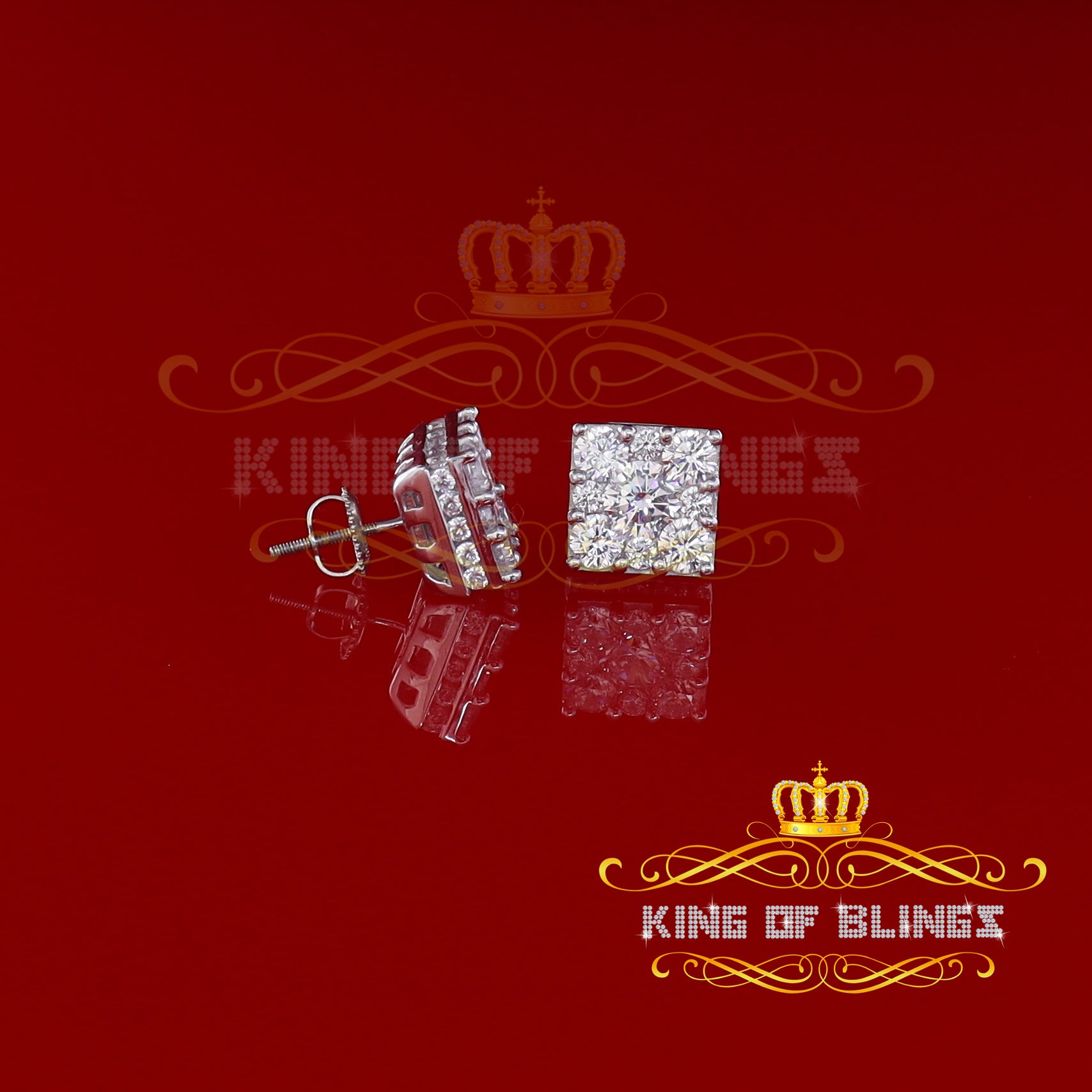 King of Blings- White 2.28ct Cubic Zirconia 925 Sterling Silver Hip Hop Square Ladies Earrings KING OF BLINGS