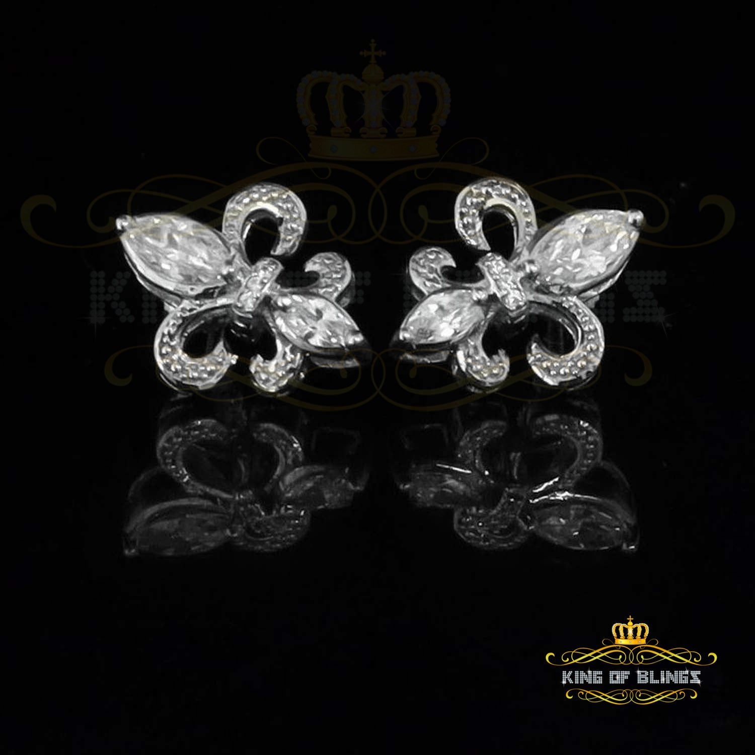 King of Blings- 925 White Silver Ladies Fleur de Lis Screw Back 2.43ct Cubic Zirconia Earrings KING OF BLINGS