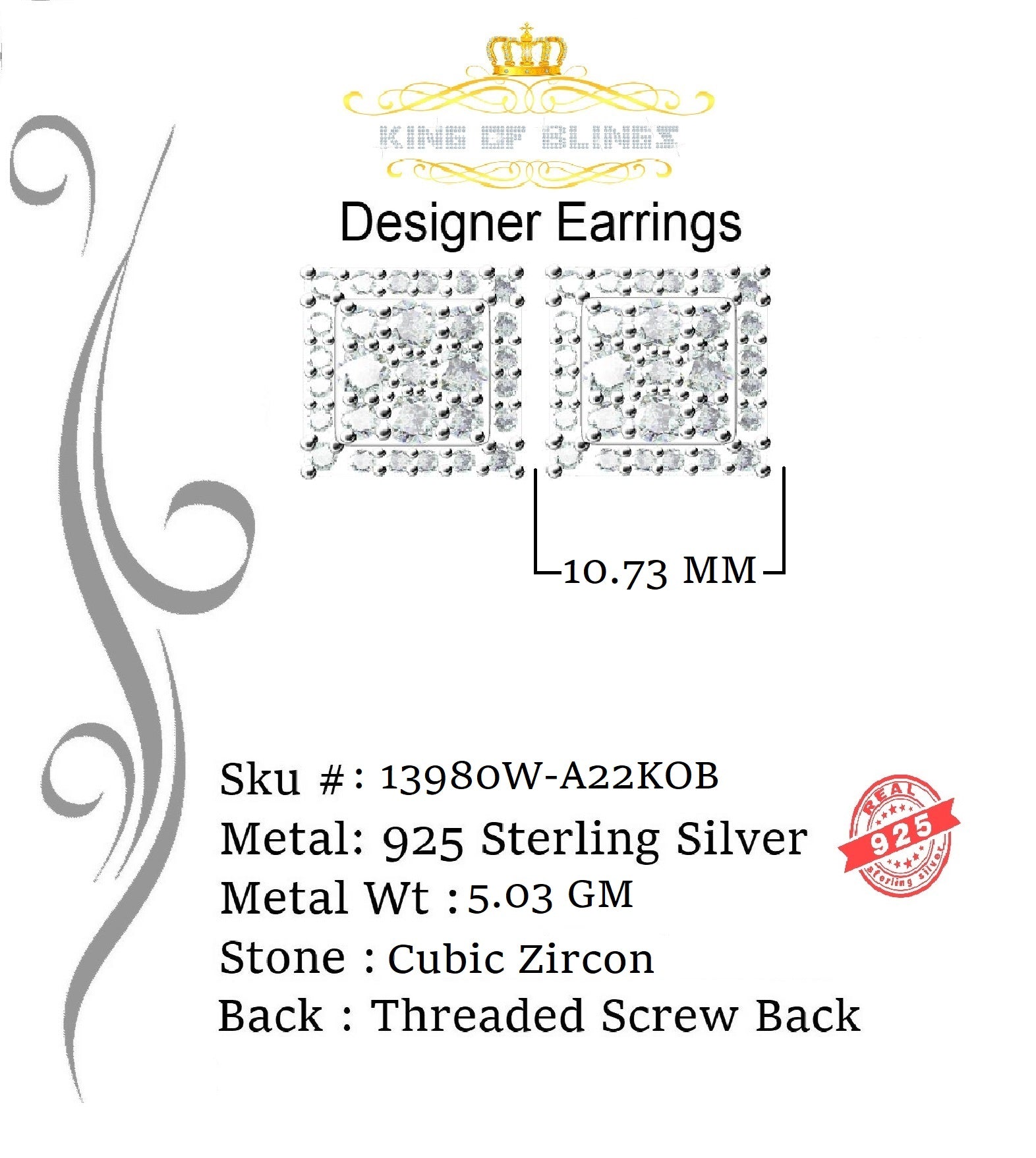 King of Blings- 925 White Sterling Silver 0.96ct Cubic Zirconia Women's & Men's Square Earrings KING OF BLINGS