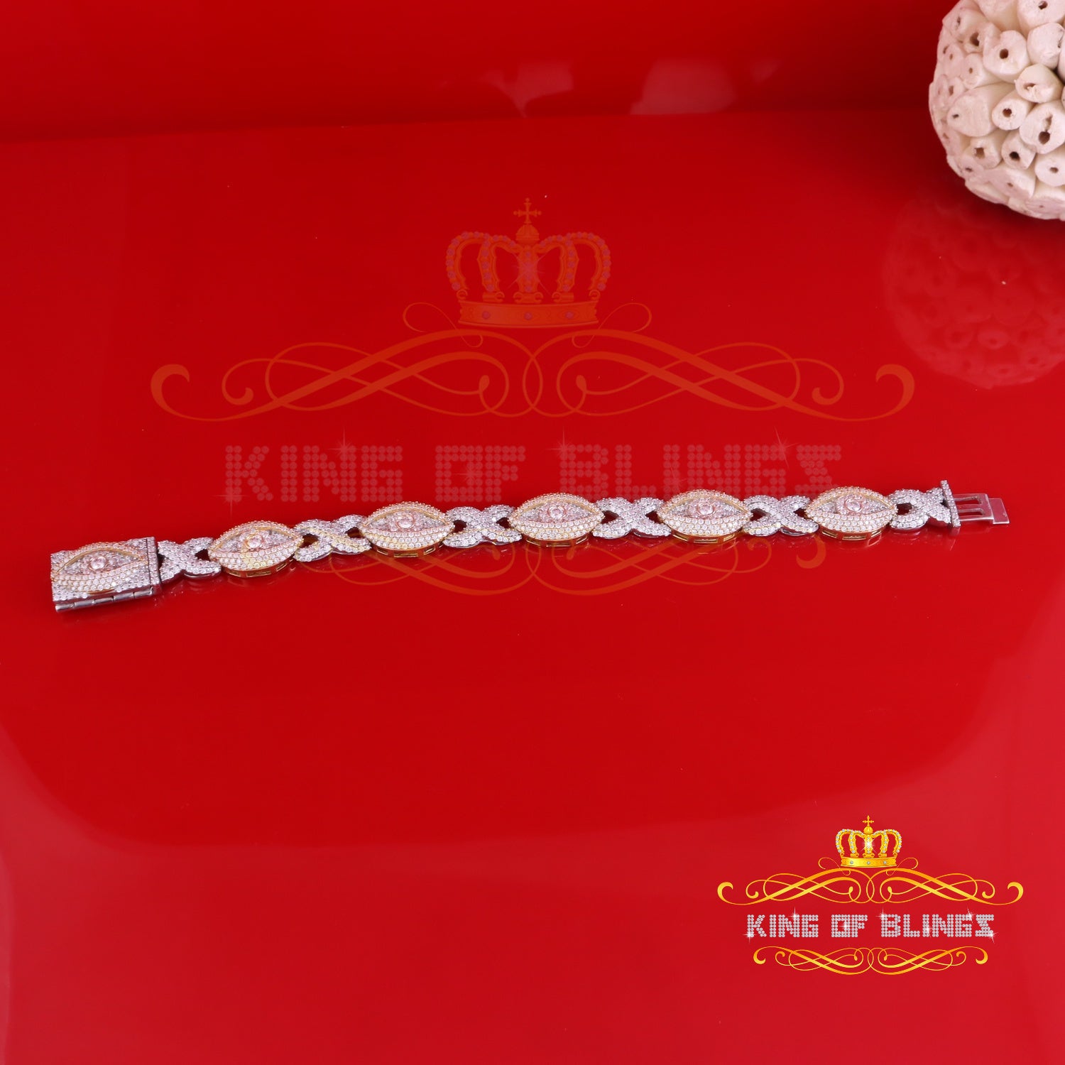 King Of Bling's 925 Silver White 15.00ct Moissanite Evil Eye Mens/Womens link Bracelet 8 Inch. KING OF BLINGS