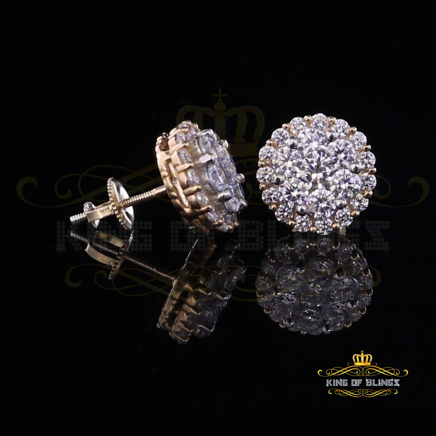 King of Bling's Aretes Para Hombre 925 Yellow Silver 1.49ct Cubic Zirconia Floral Women Earrings KING OF BLINGS