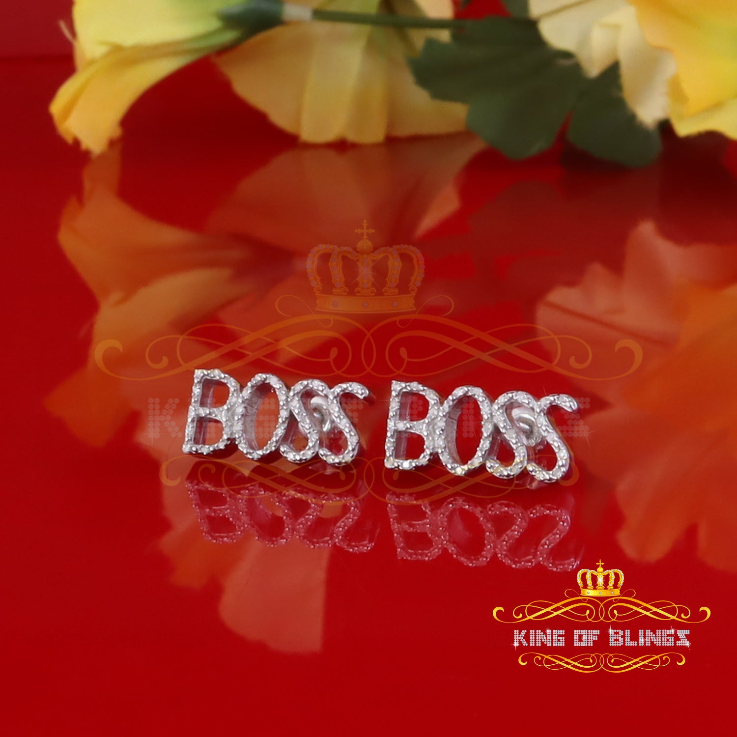 King Of Bling's 0.20 Ct White Natural 925 Sterling Silver BOSS Womens Diamonds Stud Earrings KING OF BLINGS
