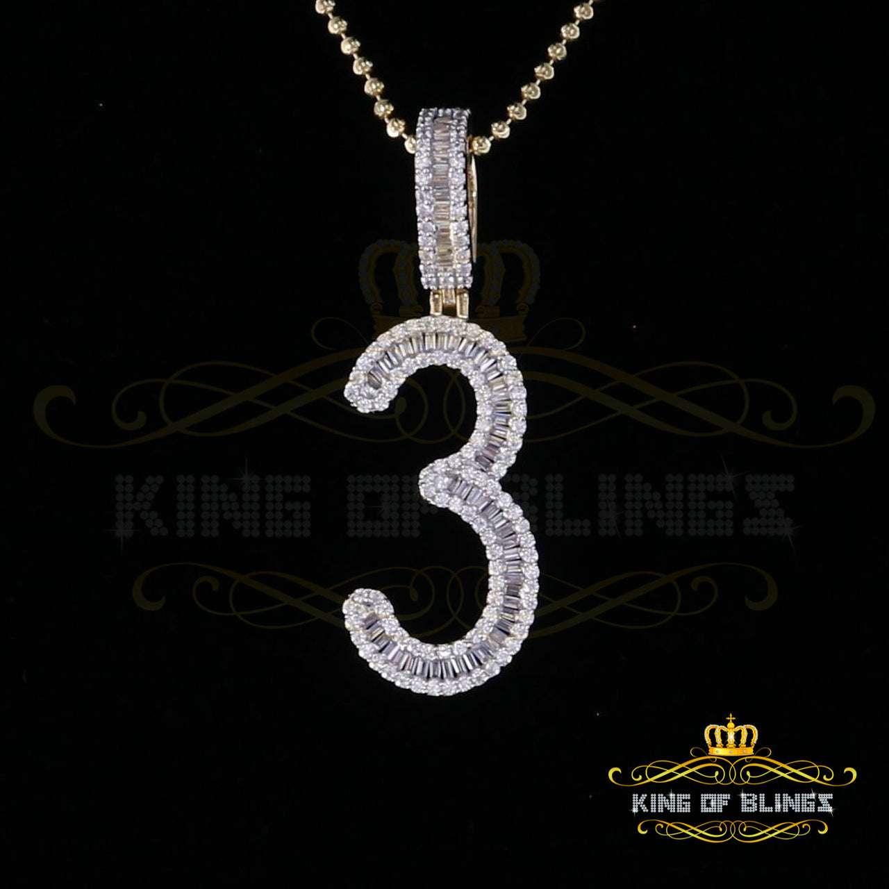 Yellow Sterling Silver Baguette Numeric Number 3 Pendant 4.65ct Cubic Zirconia KING OF BLINGS