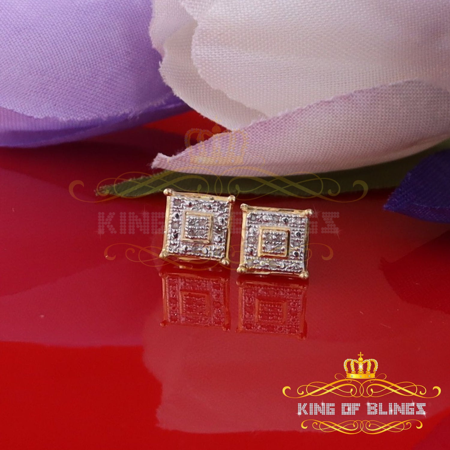 King of Blings-0.05ct Diamond 925 Sterling Silver Yellow Stud Women's & Men's Square Earrings KING OF BLINGS