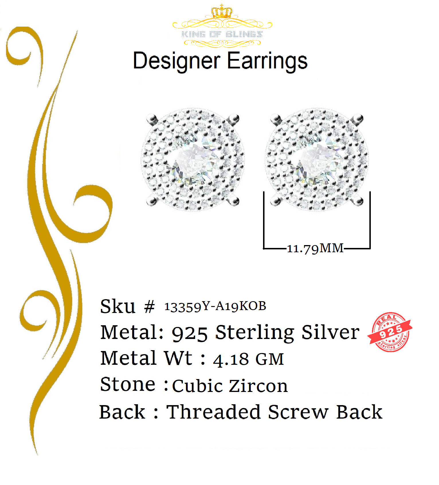 King of Bling's 925 Yellow Sterling Silver 1.07ct Cubic Zirconia Women's Hip Hop Rounds Earrings KING OF BLINGS