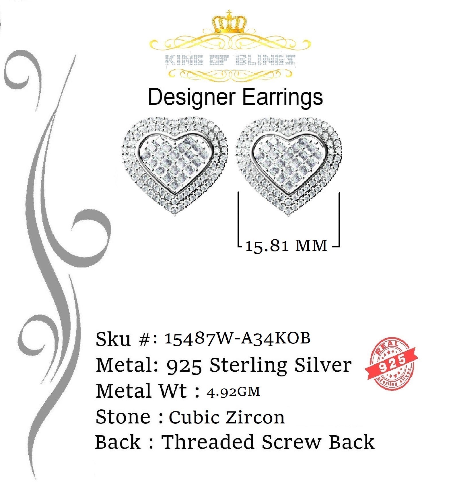 King of Blings- HIp Hop 925 White Sterling Silver 1.44ct Cubic Zirconia Heart Women's Earrings KING OF BLINGS