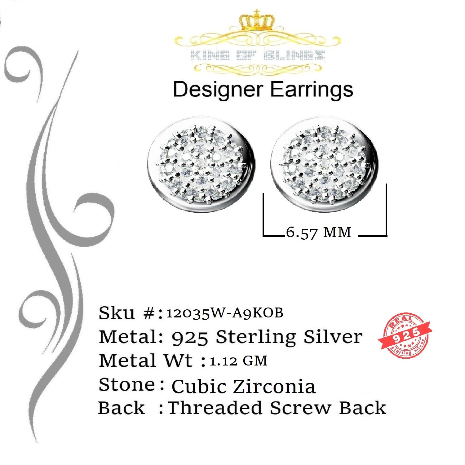 King of Blings- Aretes Para Hombre 925 White Silver 0.64ct Cubic Zirconia Round Women's Earrings KING OF BLINGS