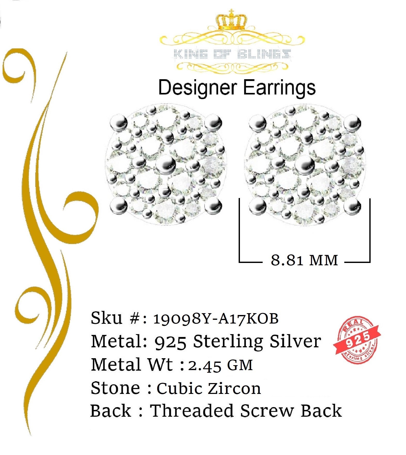 King of Bling's Aretes Para Hombre 925 Yellow Silver 2.0ct Cubic Zirconia Round Women's Earrings KING OF BLINGS