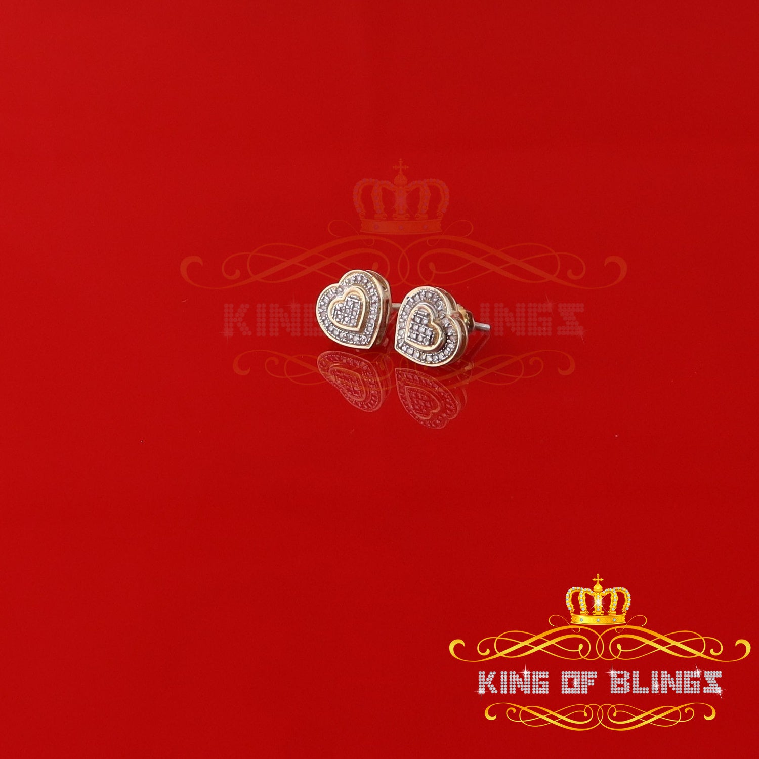 King of Blings-0.10ct Diamond Heart Earring Yellow 925 Sterling Silver Stud For Men's & Women's KING OF BLINGS