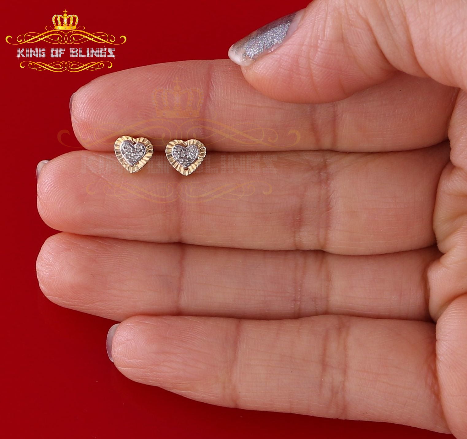 King of Blings-Aretes Para Hombre Heart 925 Yellow Silver 0.05ct Diamond Women & Men Earring KING OF BLINGS