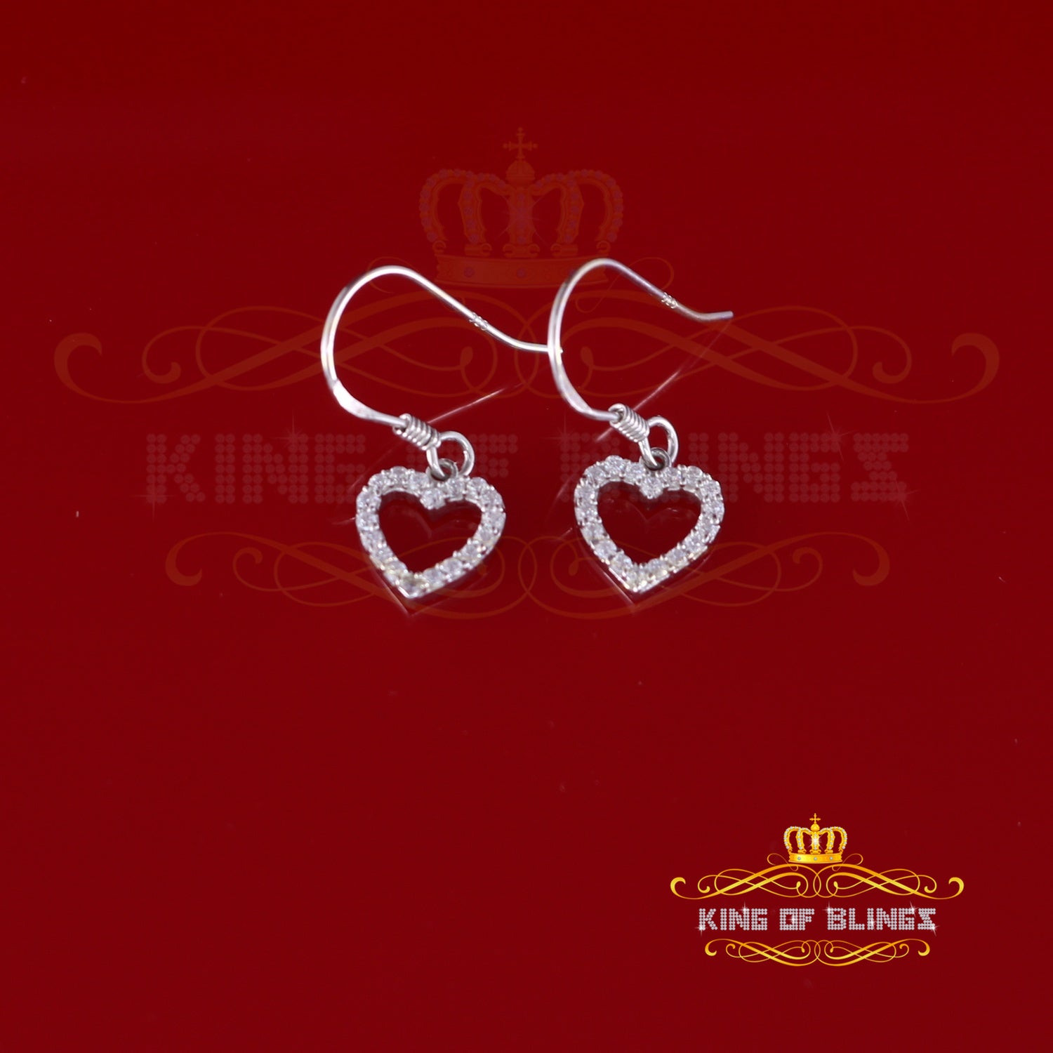 King of Blings- 925 White Silver 0.58ct Cubic Zirconia Cluster Women's Dangling Heart Earrings KING OF BLINGS