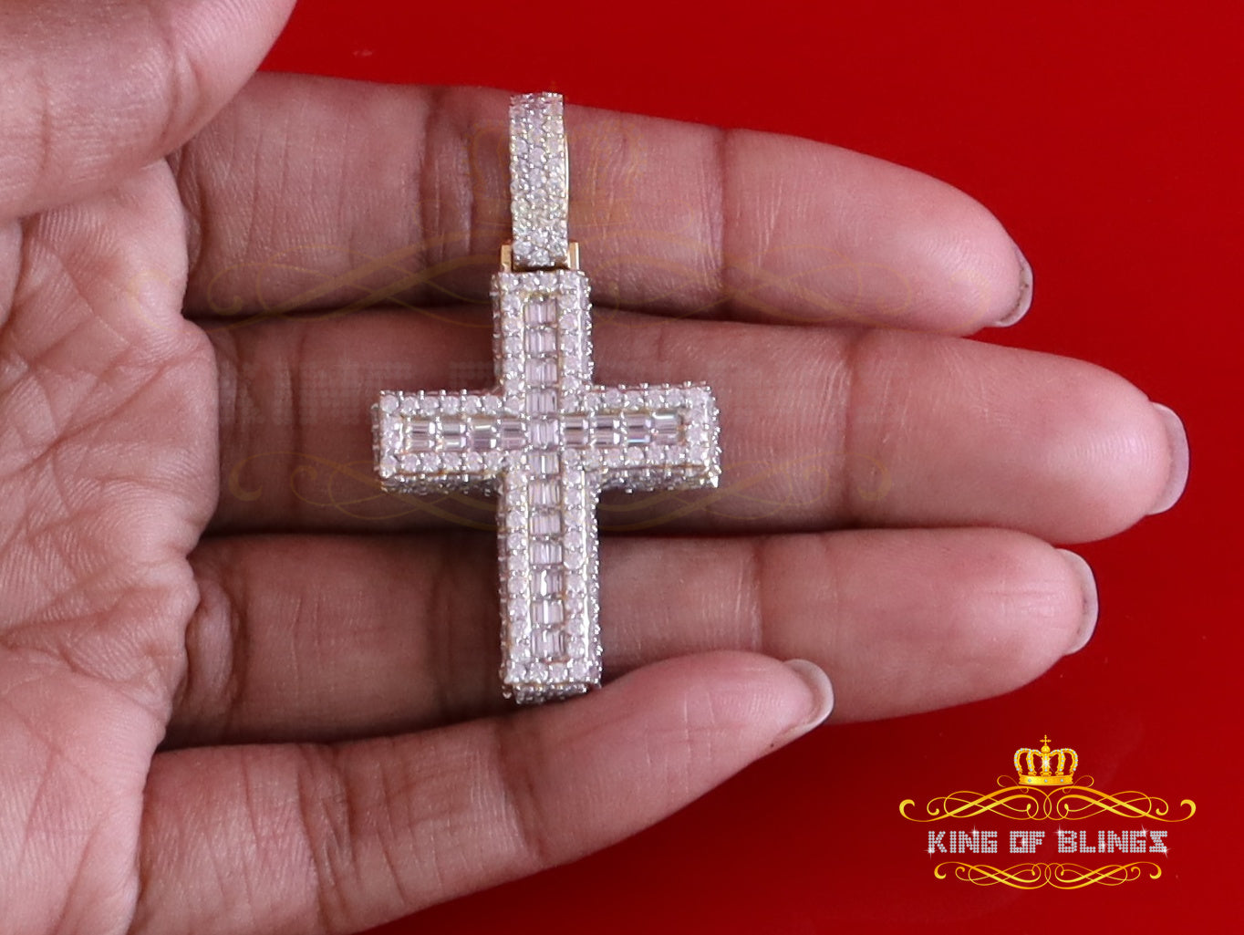 King Of Bling's 925 Sterling Yellow Silver 4.50ct VVS D Clr. Moissanite Cross Pendant Men/ Women KING OF BLINGS