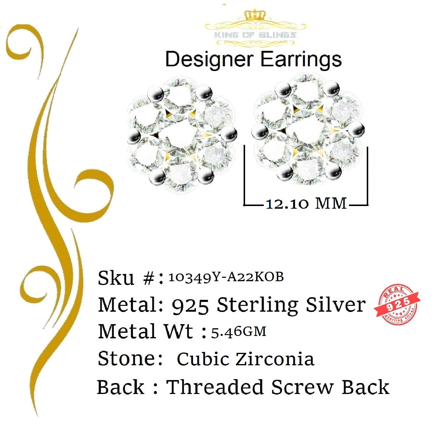 King of Bling's 925 Silver Yellow 1.56ct Cubic Zirconia Hip Hop Floral Women's & Men's Earrings KING OF BLINGS