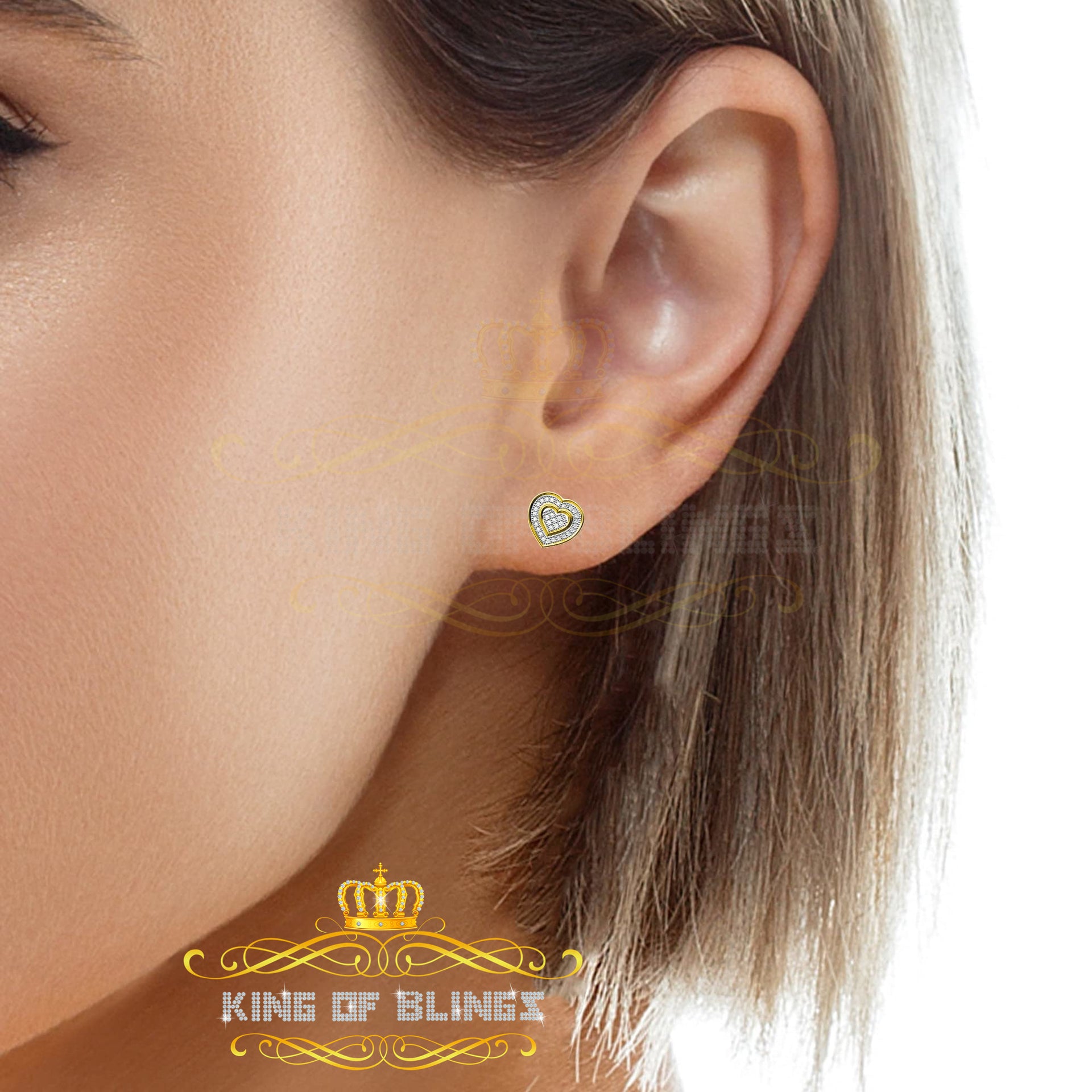 King of Blings-Micro Pave 0.11ct Real Diamonds 925 Yellow Silver Women's & Men's Heart Earrings KING OF BLINGS