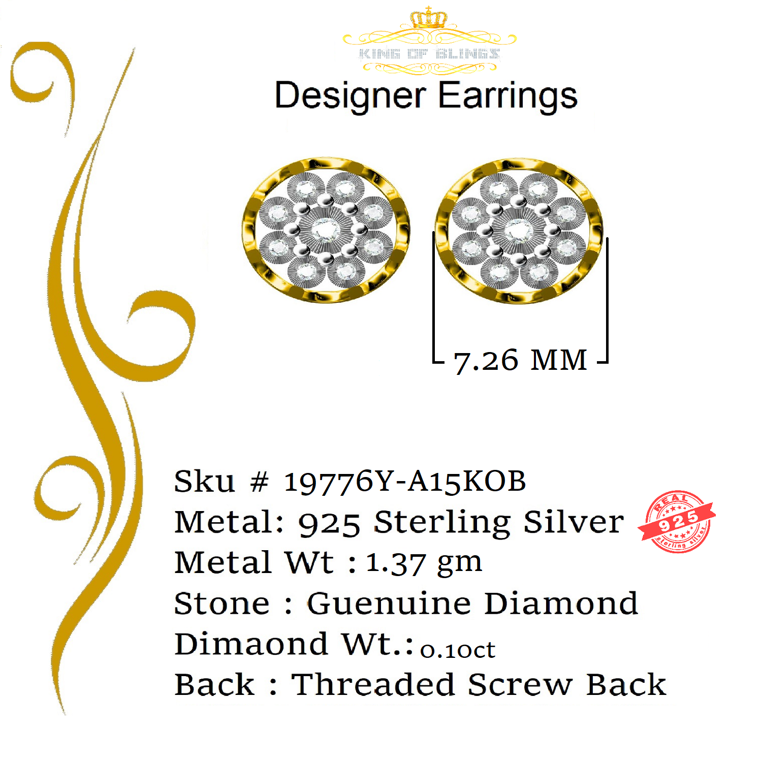 King of Blings-0.05ct Diamond 925 Sterling Silver Yellow For Men's & Women's Floral Earrings KING OF BLINGS