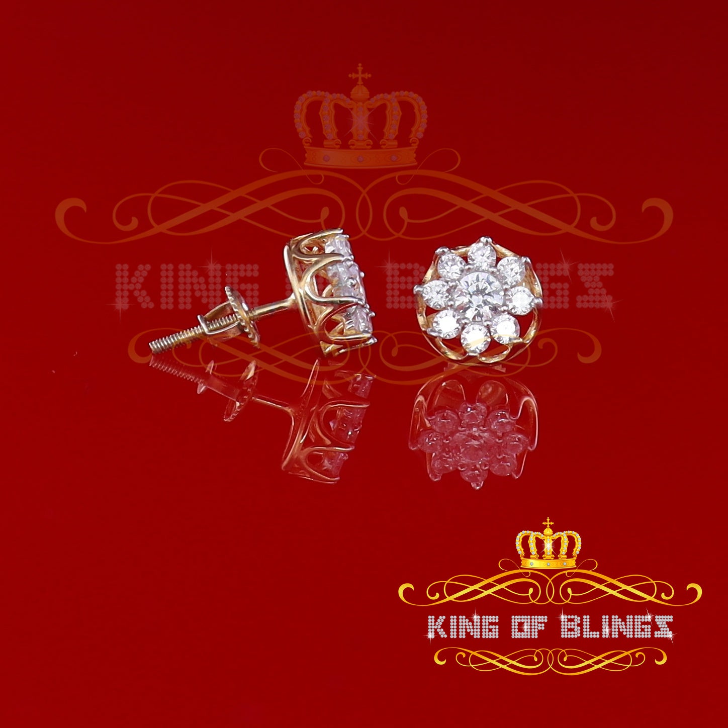 King of Bling's 925 Yellow Silver 1.34ct Cubic Zirconia Hip Hop Floral Women's & Men's Earrings KING OF BLINGS
