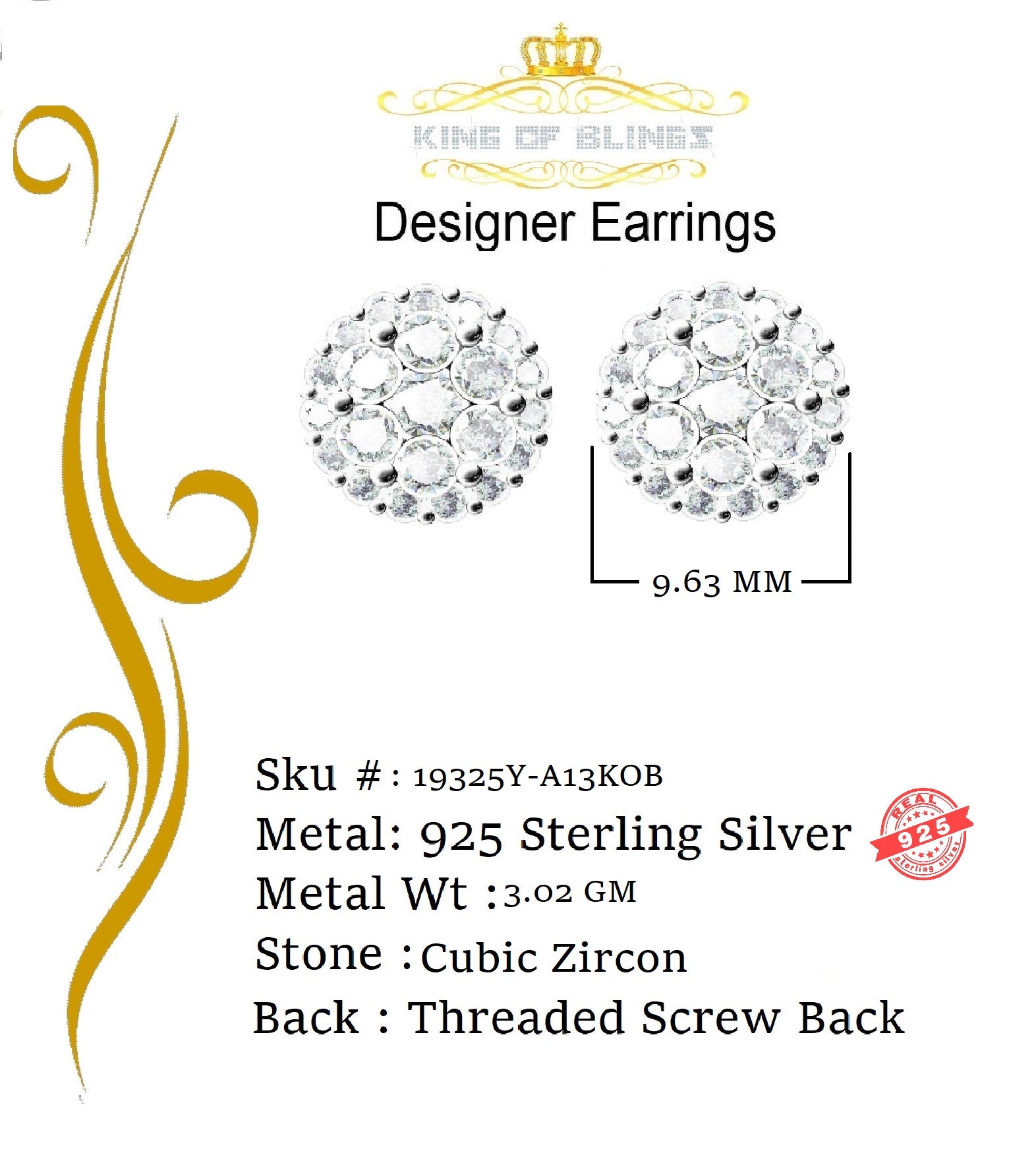 King of Bling's Aretes Para Hombre 925 Yellow Silver 2.45ct Cubic Zirconia Round Women's Earring KING OF BLINGS