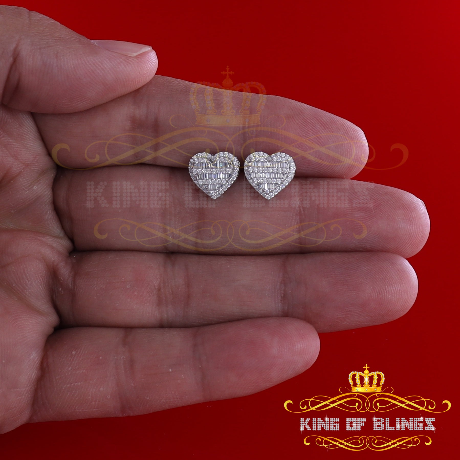 King of Blings- 925 White Sterling Silver 1.48ct Cubic Zirconia Men's & Women's Heart Earrings KING OF BLINGS