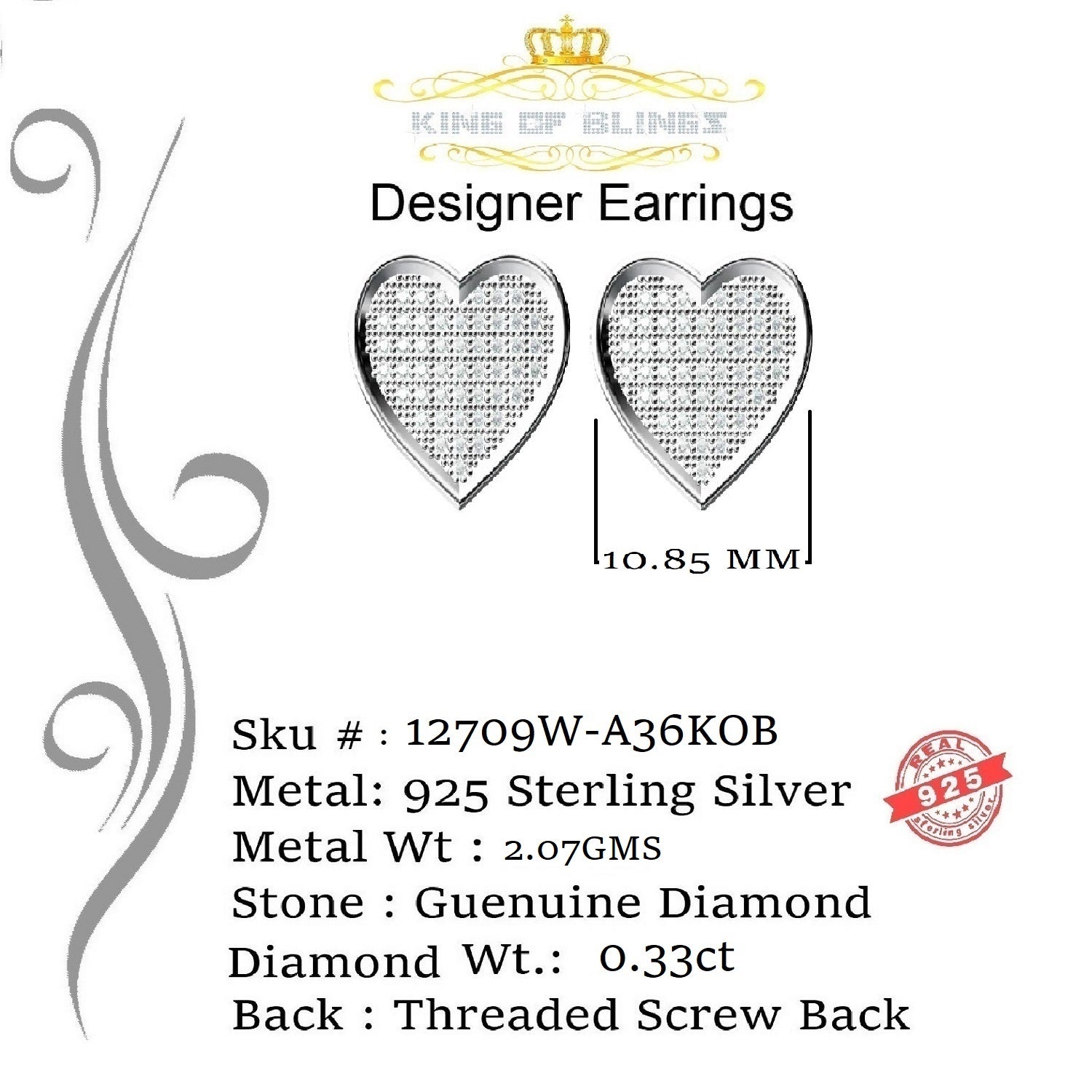 King Of Bling's Aretes Para Hombre Heart 925 White Silver 0.33ct Diamond Women's /Men's Earring KING OF BLINGS