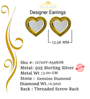 King of Blings-925 Yellow Silver 0.50ct Genuine Diamond Women's /Men's Heart Style Earrings KING OF BLINGS