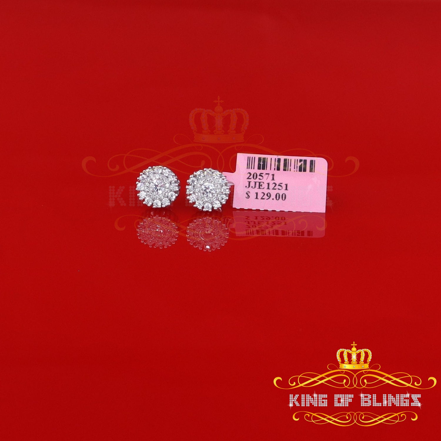 King of Blings- 1.28ct Cubic Zirconia White 925 Sterling Silver For Men's/Womens Round Earrings KING OF BLINGS