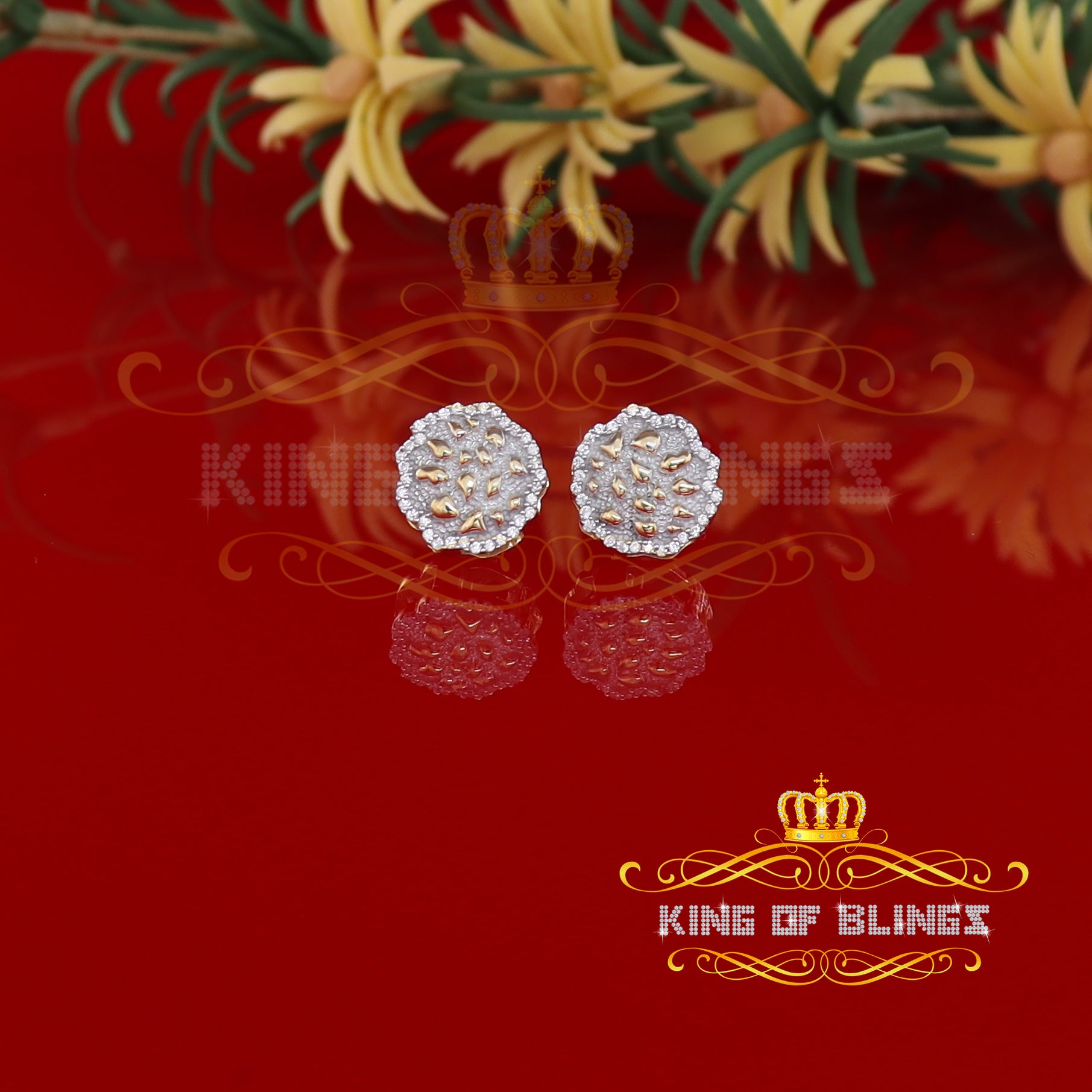 King of Bling's 925 Yellow Silver Nuggtte's 1.38ct Cubic Zirconia Hip Hop Flower Women Earrings KING OF BLINGS