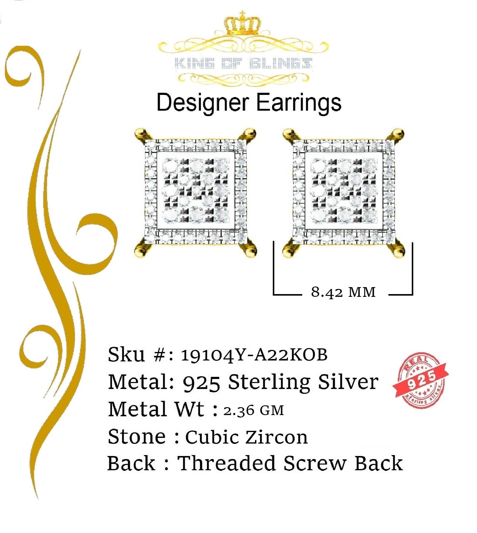 King of Bling's Aretes Para Hombre 925 Yellow Silver 0.96ct Cubic Zirconia Square Women Earring KING OF BLINGS