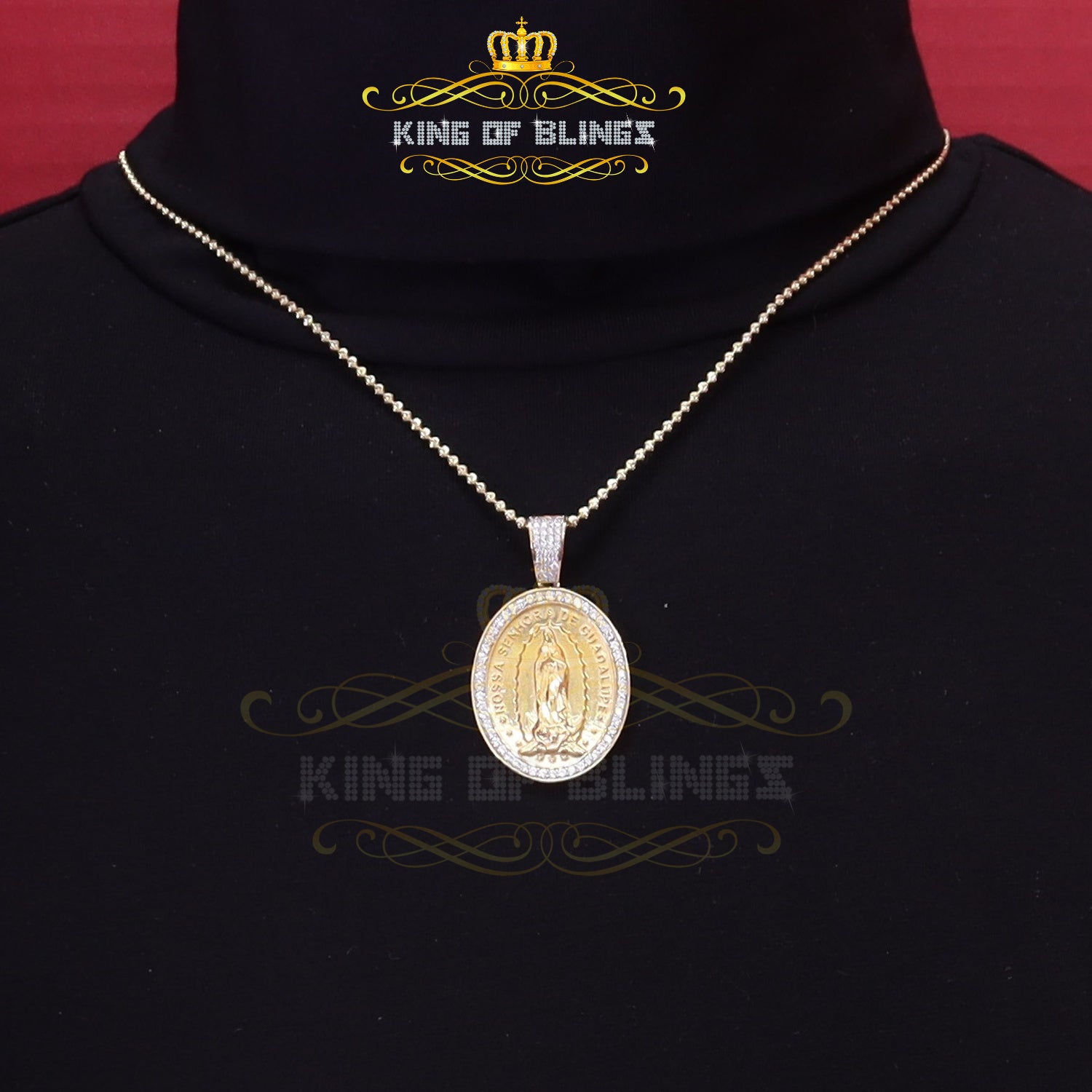 3D Oval Guadalupe Catholic Virgin Mary in CZ Yellow 925 Silver 1.63ct Pendant KING OF BLINGS