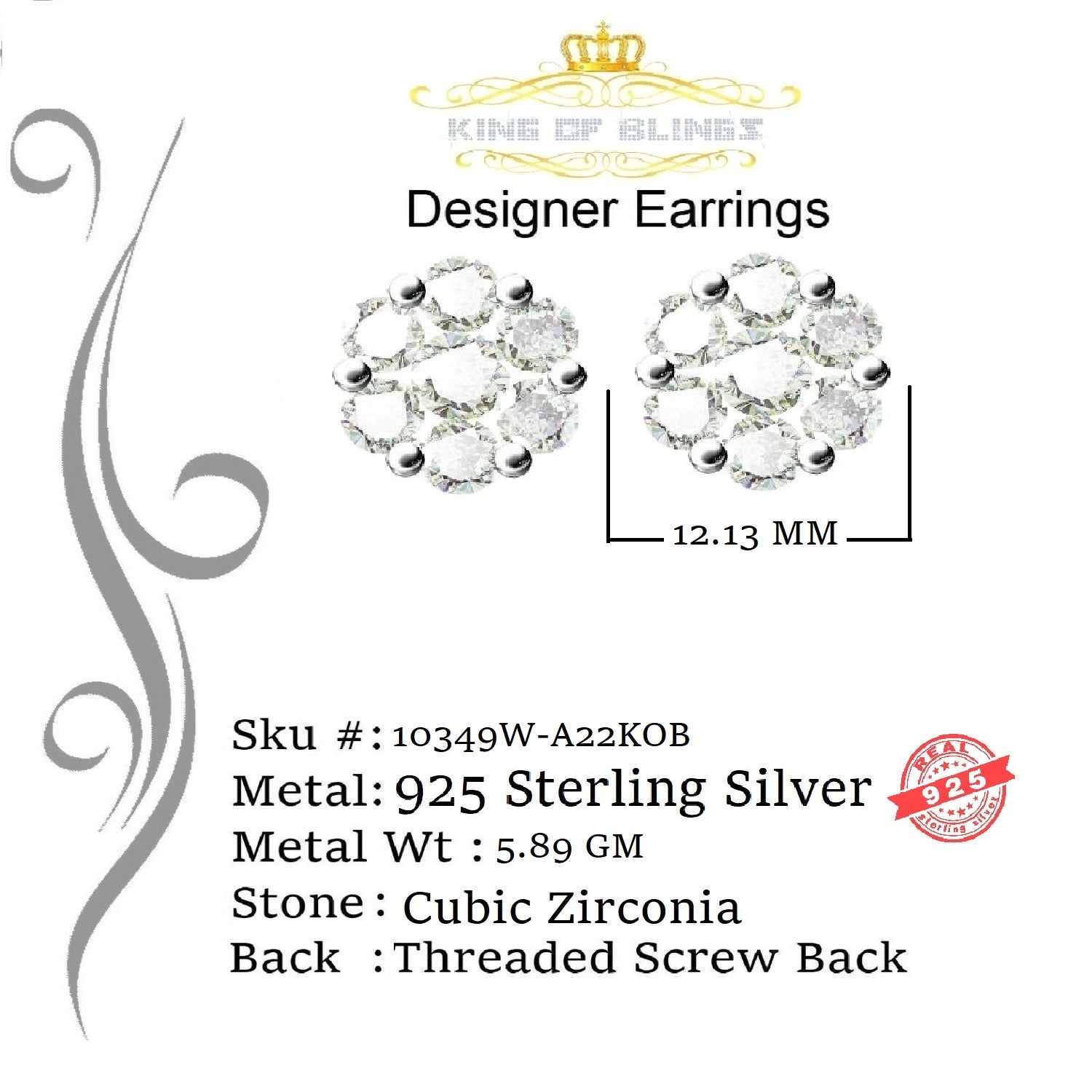 King of Blings- 925 Silver White 1.56ct Cubic Zirconia Hip Hop Floral Women's & Men's Earrings KING OF BLINGS