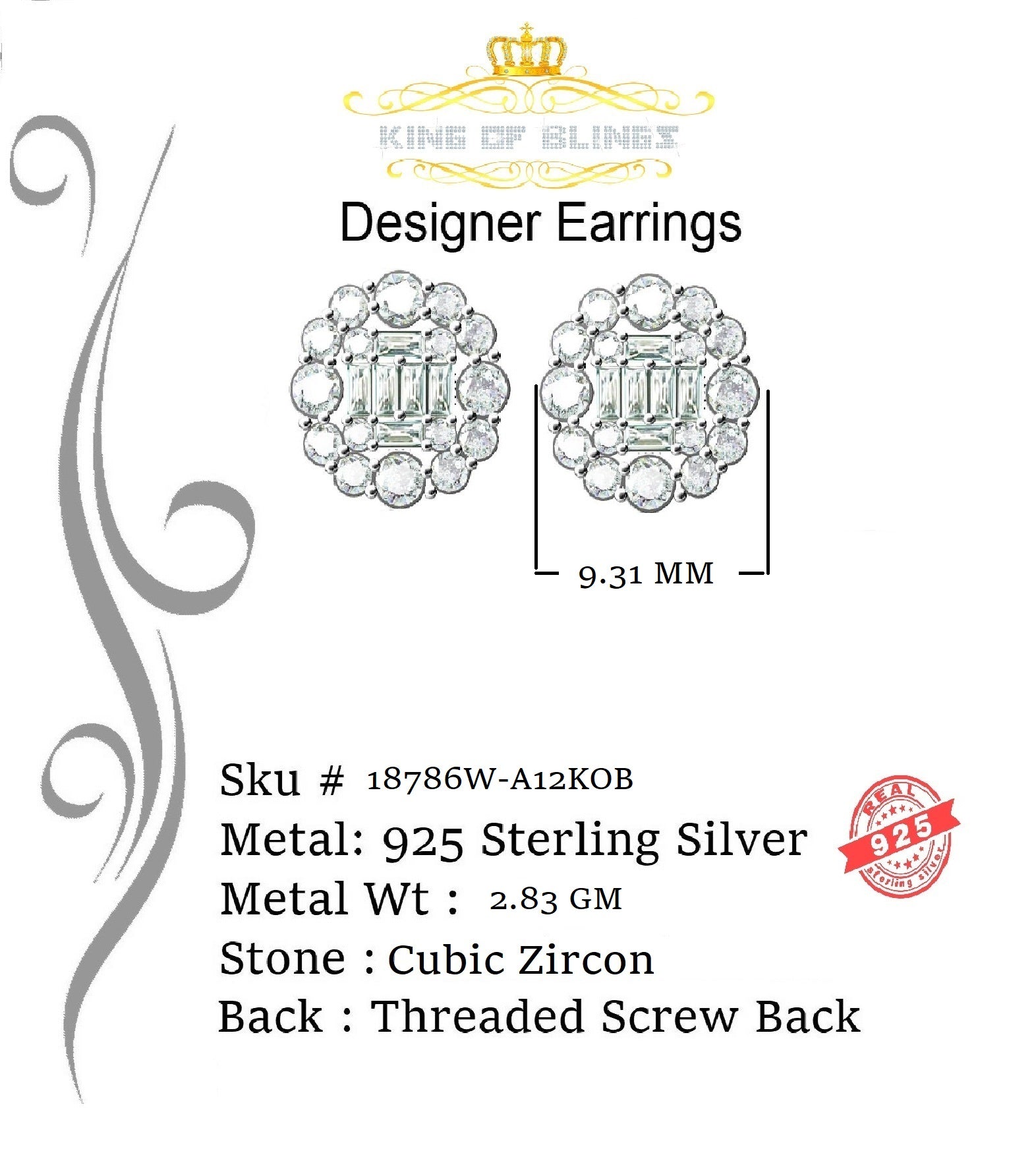 King of Blings- Aretes Para Hombre 925 White Silver 1.98ct Cubic Zirconia Round Women's Earrings KING OF BLINGS