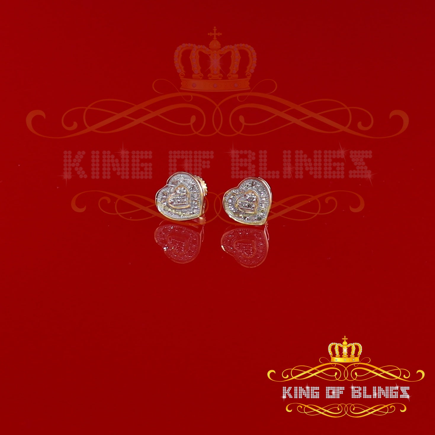 King of Blings-Micro Pave 0.11ct Real Diamonds 925 Yellow Silver Women's & Men's Heart Earrings KING OF BLINGS
