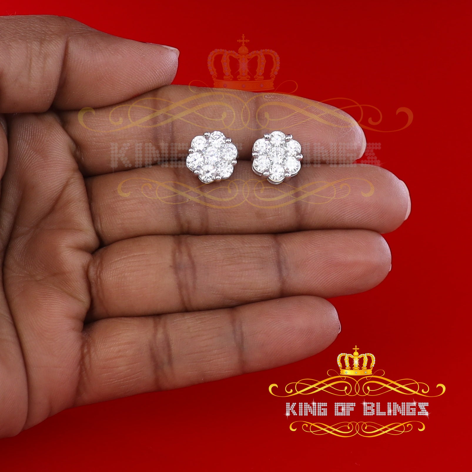 King of Blings- 925 White Sterling Silver 0.96ct Cubic Zirconia Women's Hip Hop Floral Earrings KING OF BLINGS