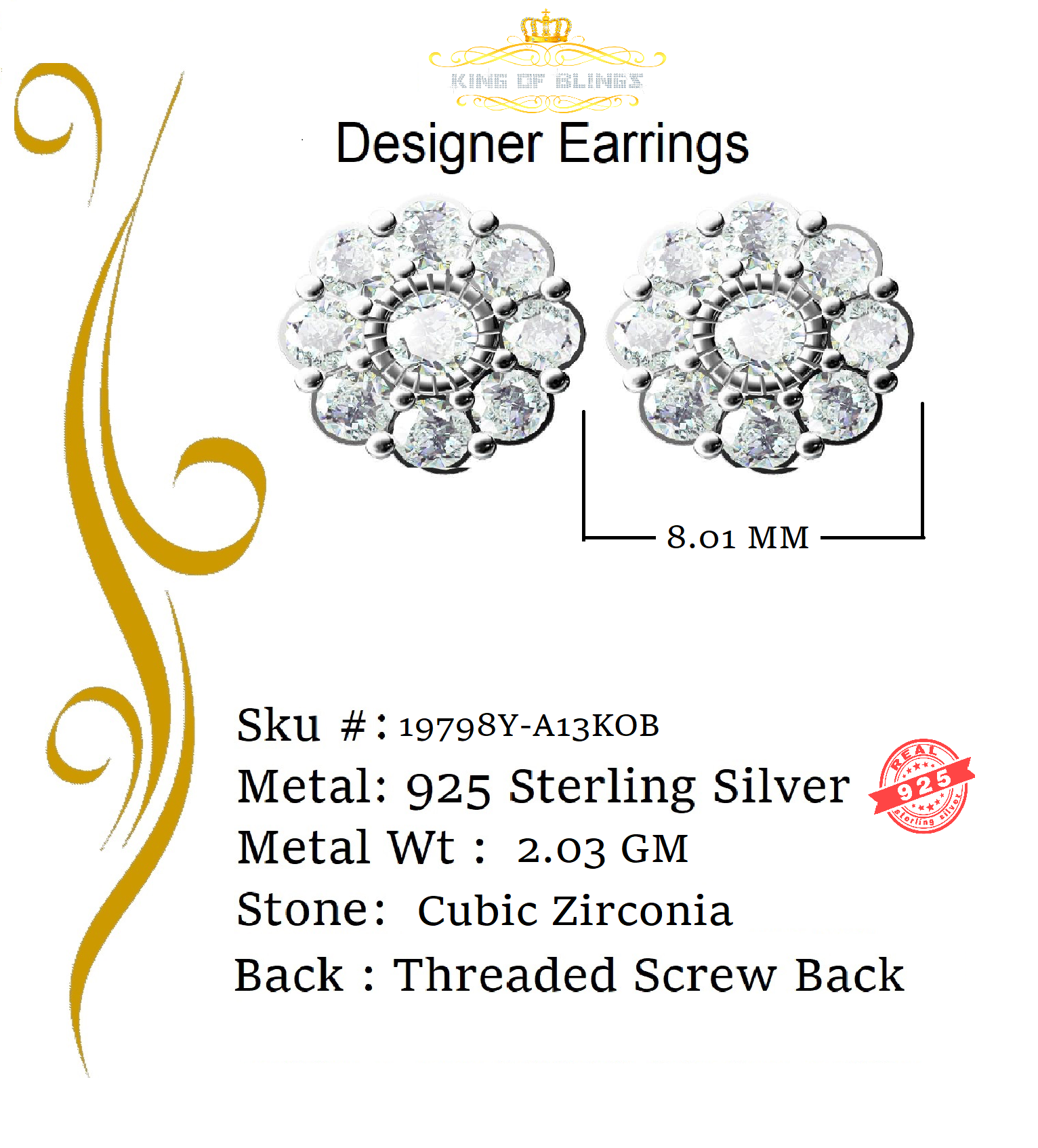 King of Bling's 925 Yellow Silver 2.1ct Cubic Zirconia Women's & Men's Hip Hop Floral Earrings KING OF BLINGS